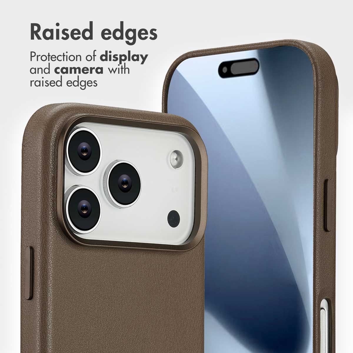 Cover per cellulare marrone con bordi rialzati per proteggere display e fotocamera.