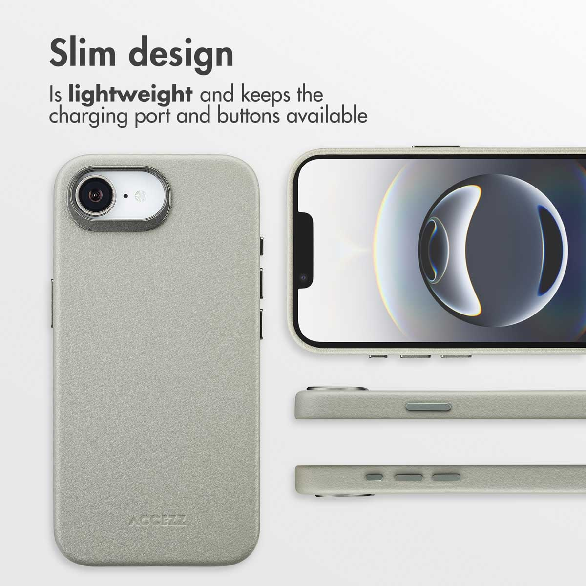 Custodita per smartphone grigia, sottile e leggera, mostrata da varie angolazioni con porte accessibili su sfondo bianco.