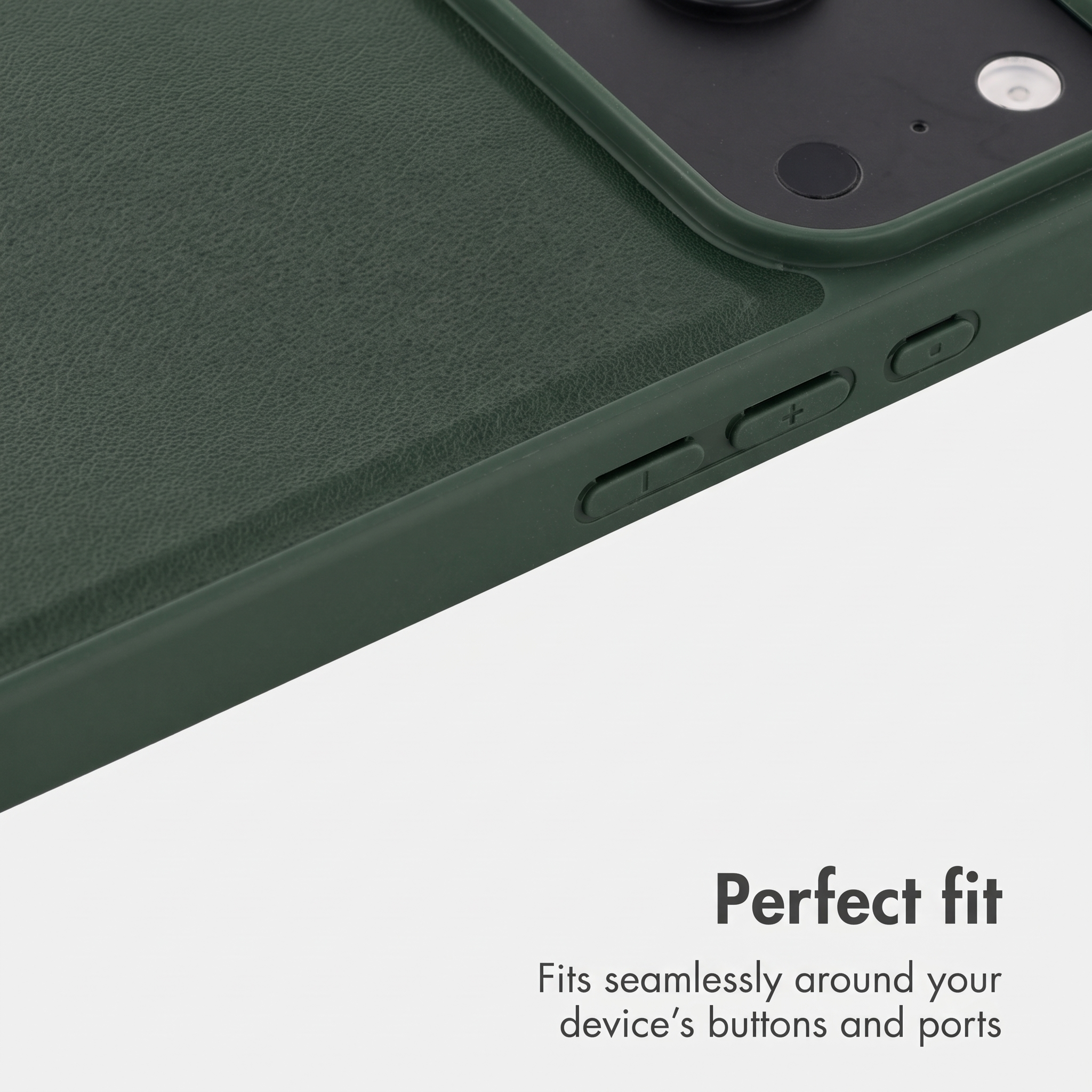 Dunkelgrüne Lederhülle für ein Smartphone mit präzisen Tasten und Kameraausschnitt.