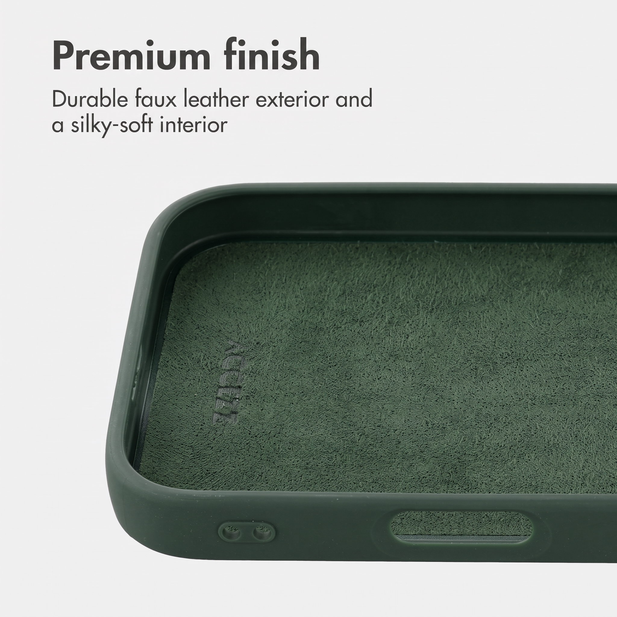 Eine dunkelgrüne Handyhülle mit weichem Innenfutter und dem Text Premium-Finish darüber.