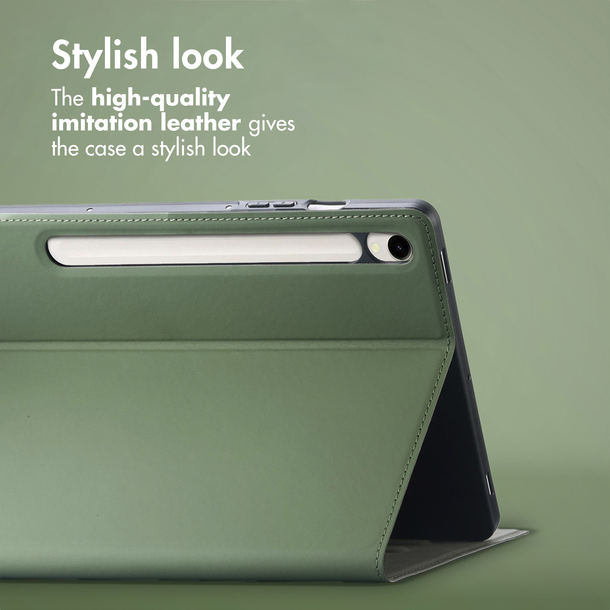 Green faux leather tablet case with stylus holder and camera cutout on a green background.