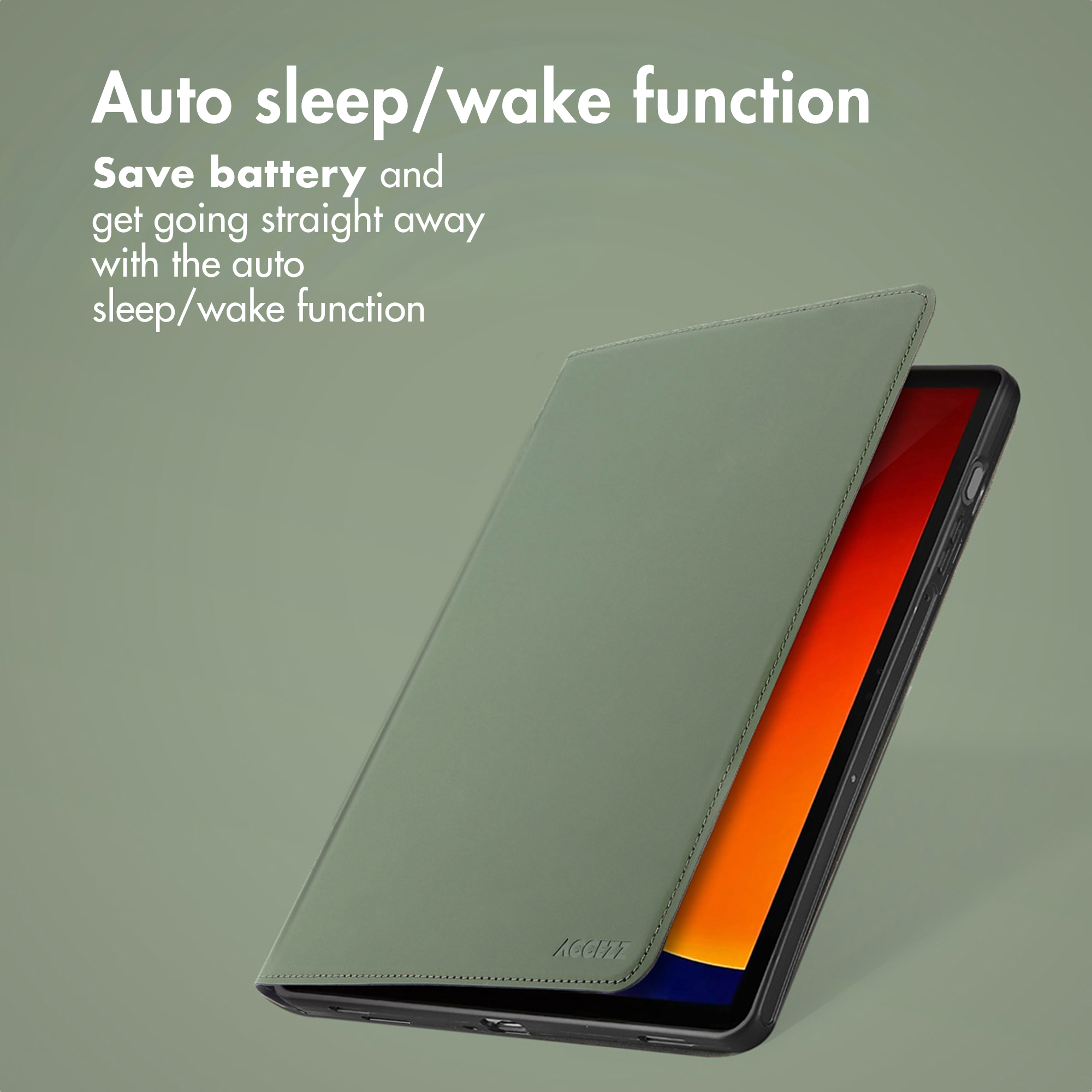 A green tablet case with auto sleep and wake function on an olive green background.