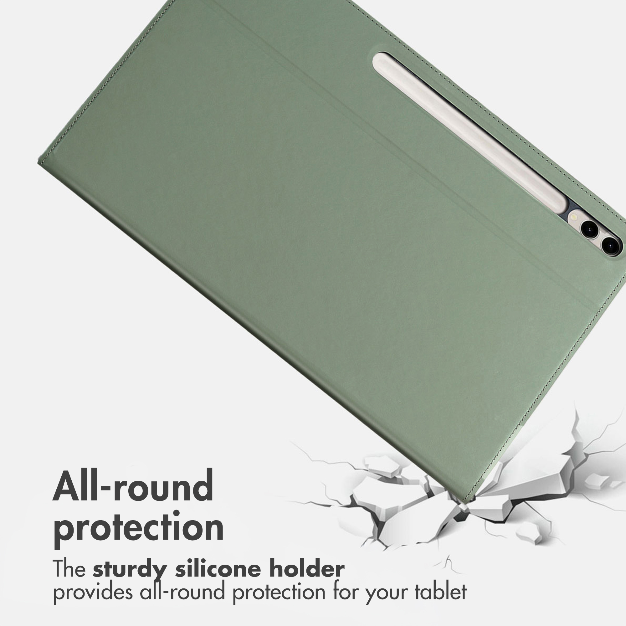 Green tablet case with stylus over cracked white ground and text about all-round protection.