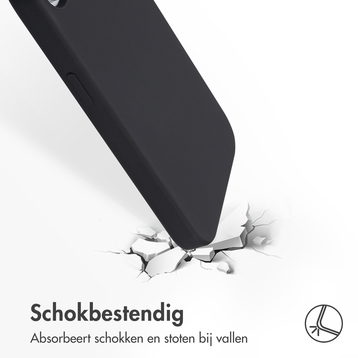 Une coque de téléphone noire frappe une surface blanche qui se fissure. Texte et icône en bas.