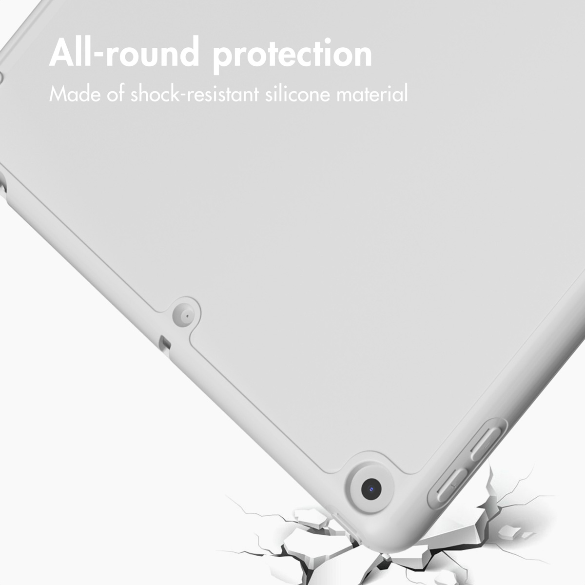 A white tablet in a silicone case on a cracked surface. Text reads All-round protection.