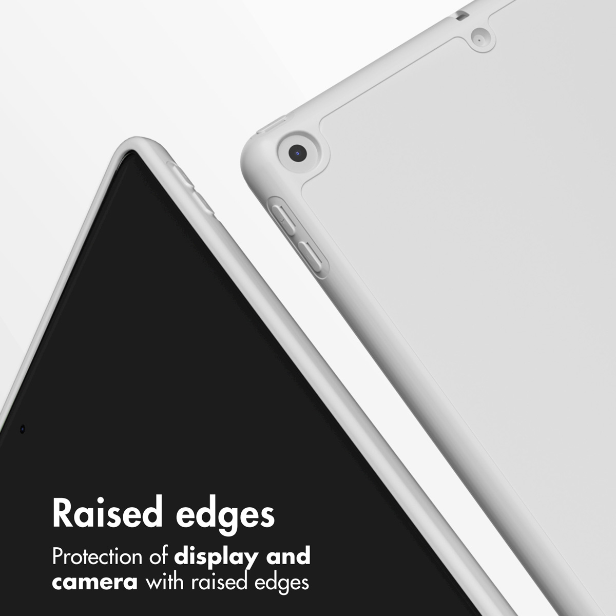 Two white tablets showcase raised edges for display and camera protection.