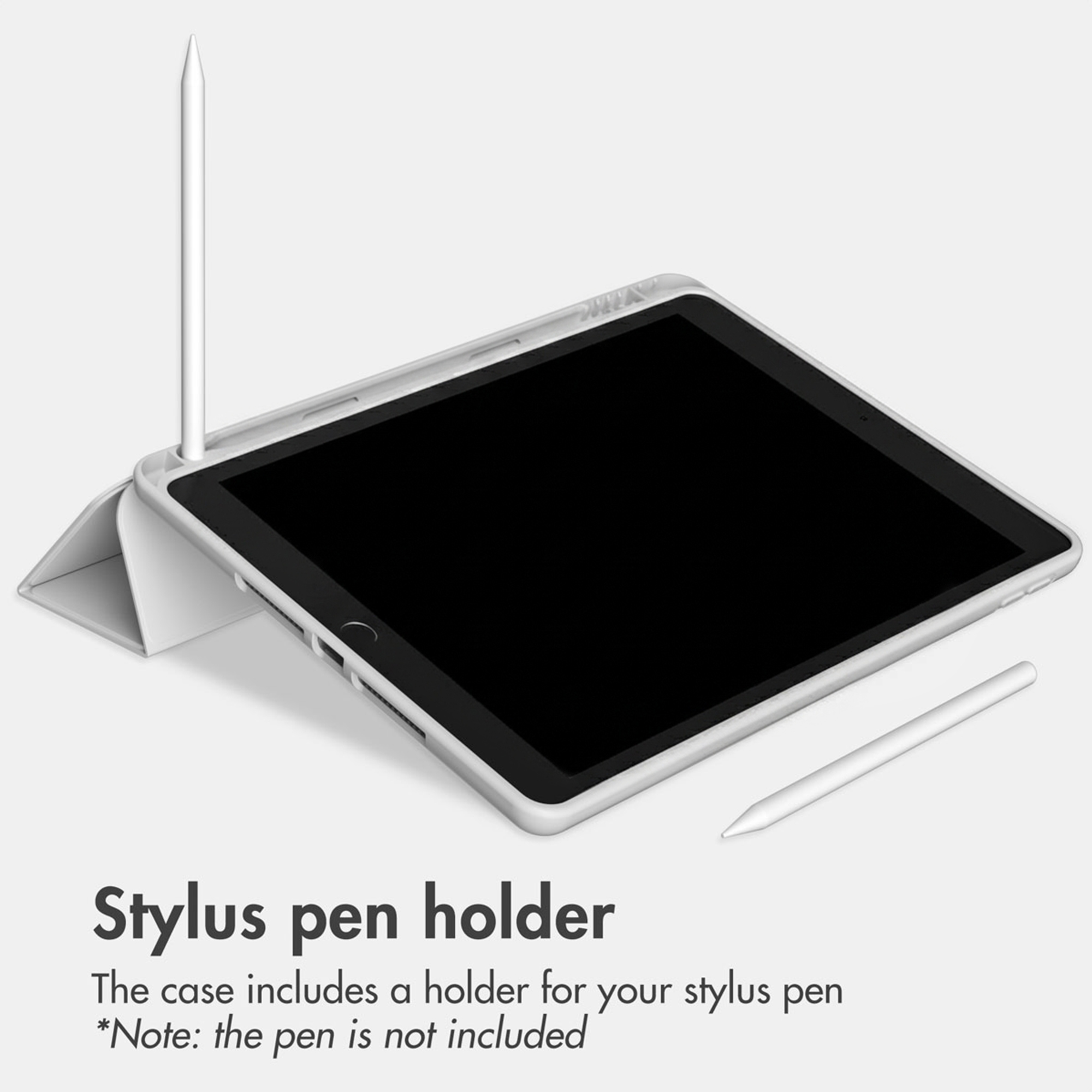 A white tablet in a case with a built-in stylus pen holder, displayed on a white background.