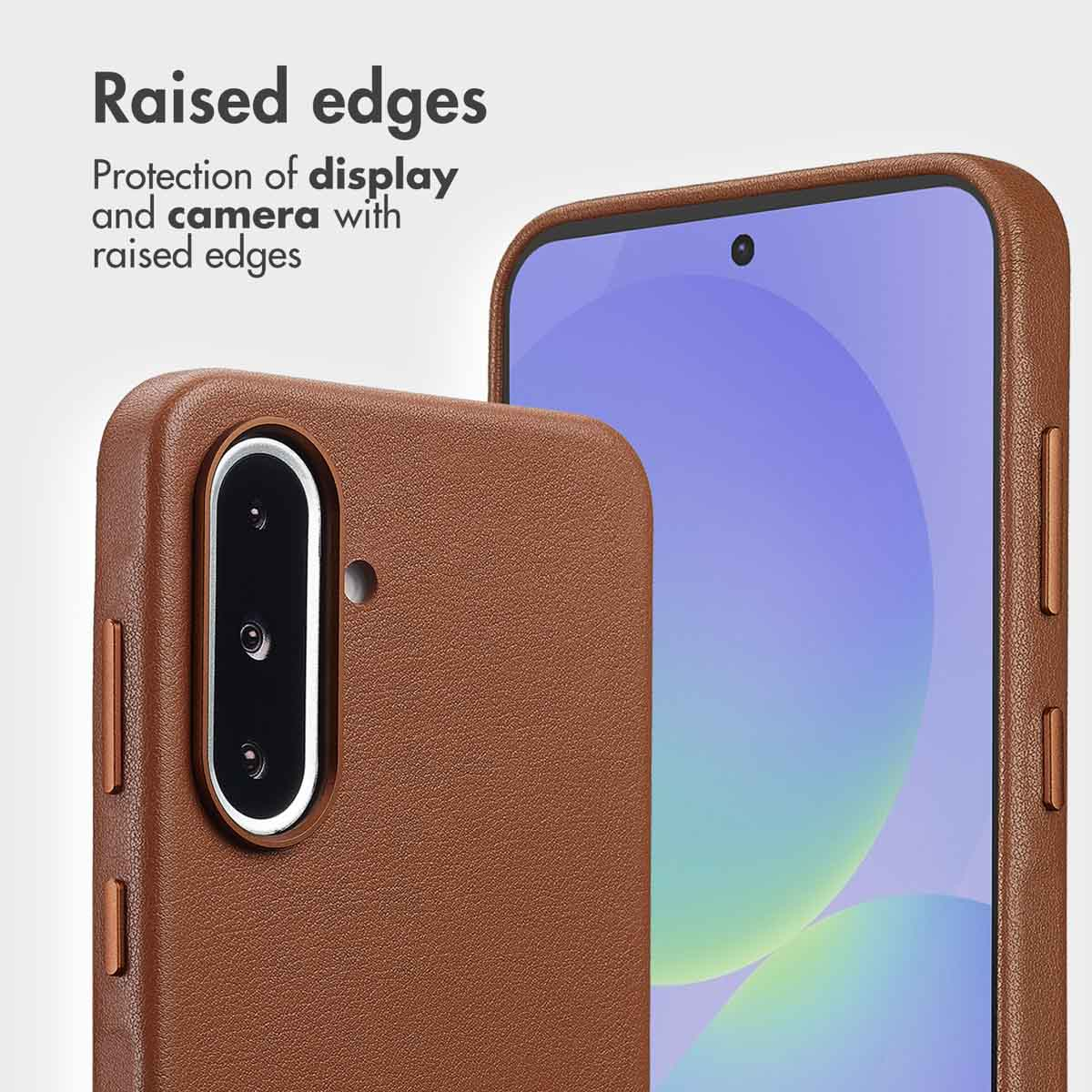 Brown leather phone case featuring raised edges for display and camera protection.