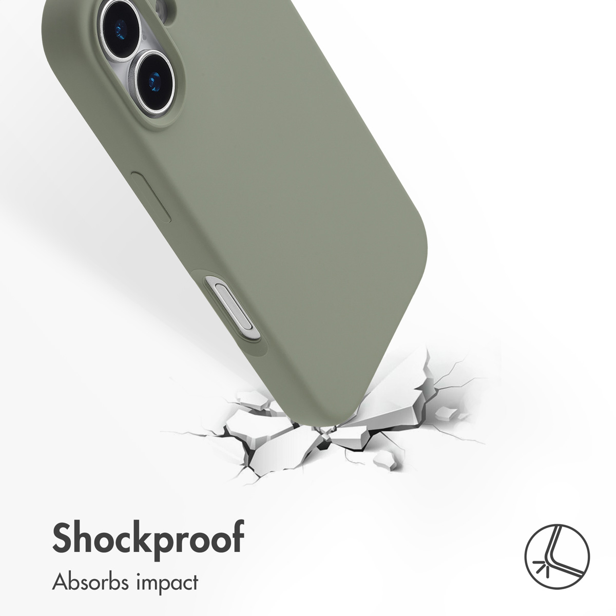 Een groen telefoonhoesje raakt een gebarsten oppervlak. Tekst luidt Shockproof.