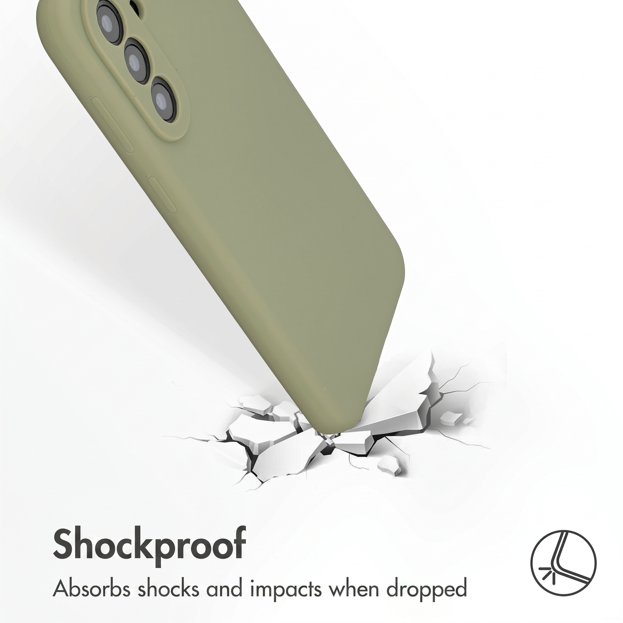 Une coque de téléphone verte frappe une surface blanche qui se fissure. Texte : Shockproof.