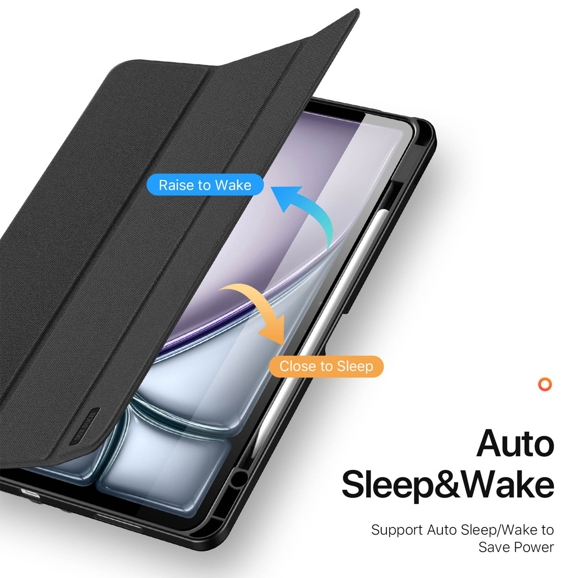 Schwarze Tablethülle mit Auto-Sleep/Wake-Funktion und Stifthalter.