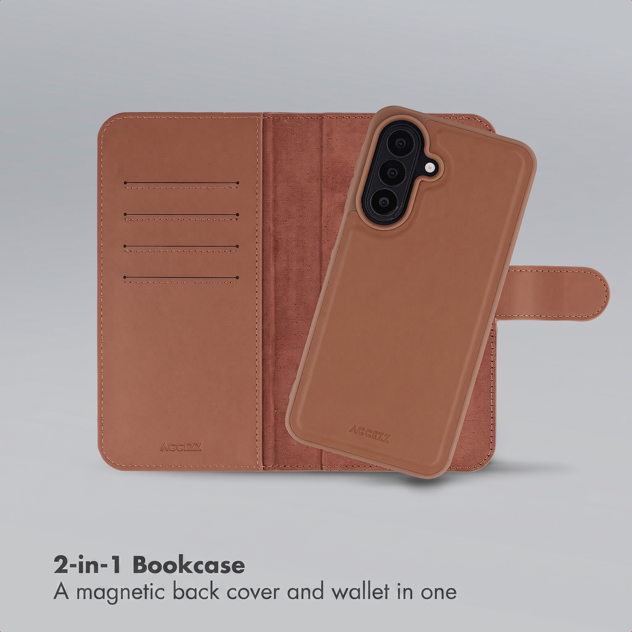 Étui portefeuille en cuir marron avec fentes pour cartes, fermeture magnétique et coque amovible.