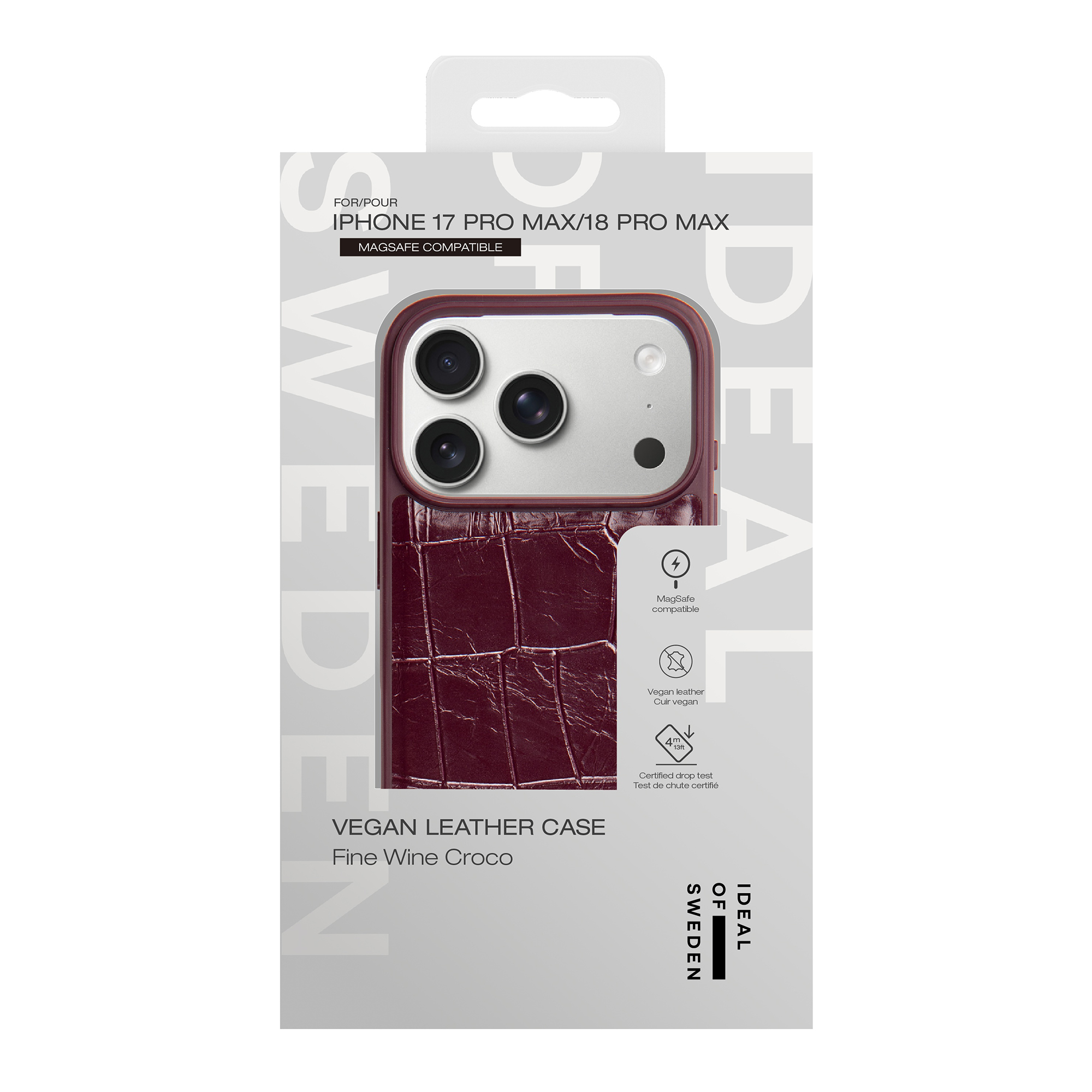 Una custodia per iPhone in pelle vegana color marrone scuro con texture coccodrillo.