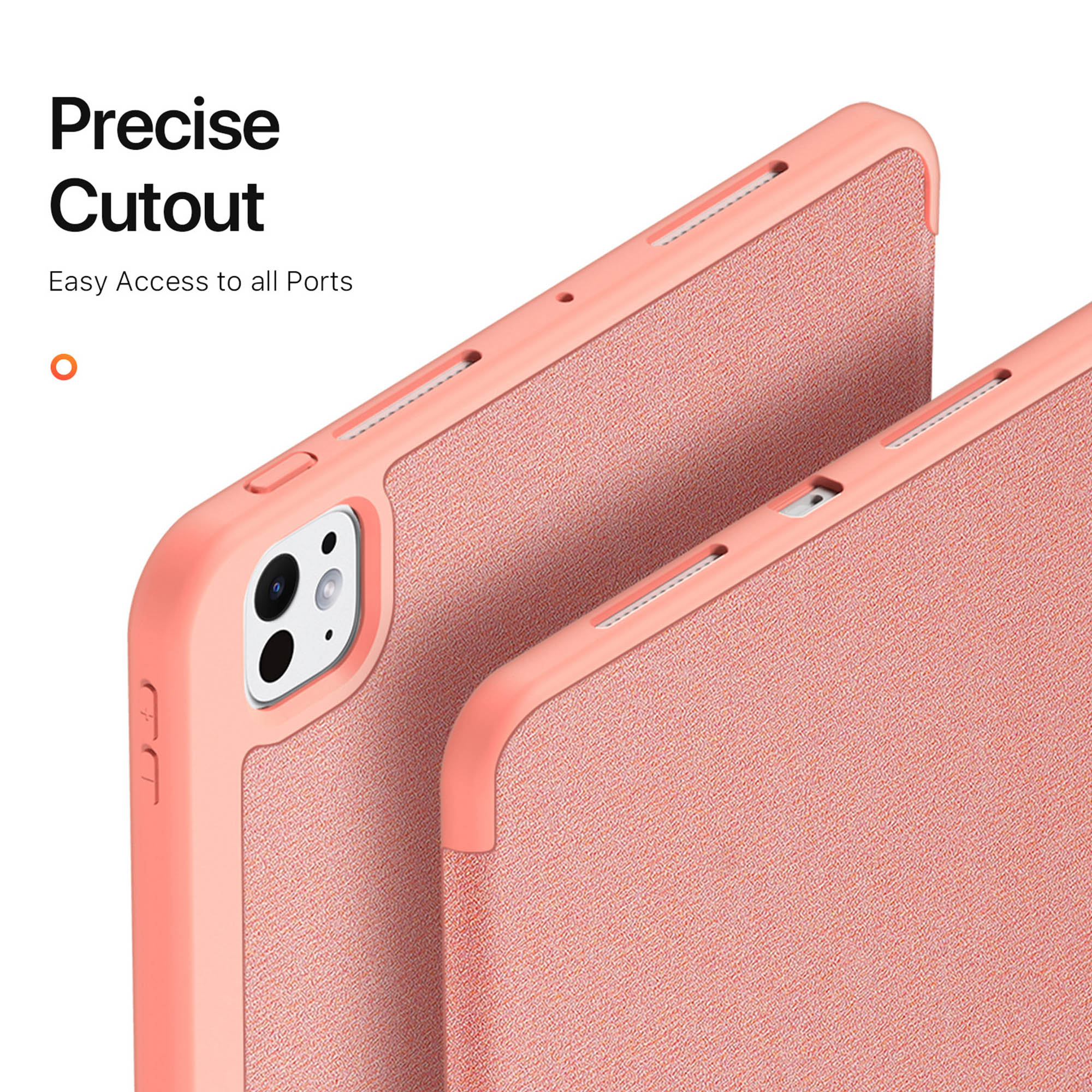Custodie rosa per tablet con tessuto testurizzato e aperture precise per porte.