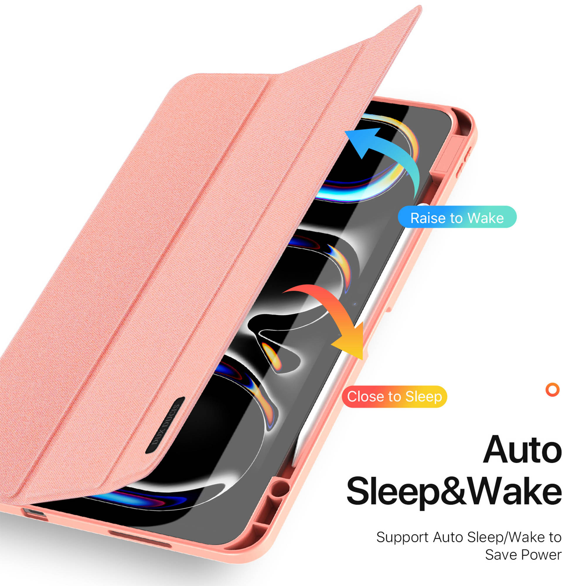 Custodia per tablet rosa che mostra la funzione di sospensione e riattivazione automatica.