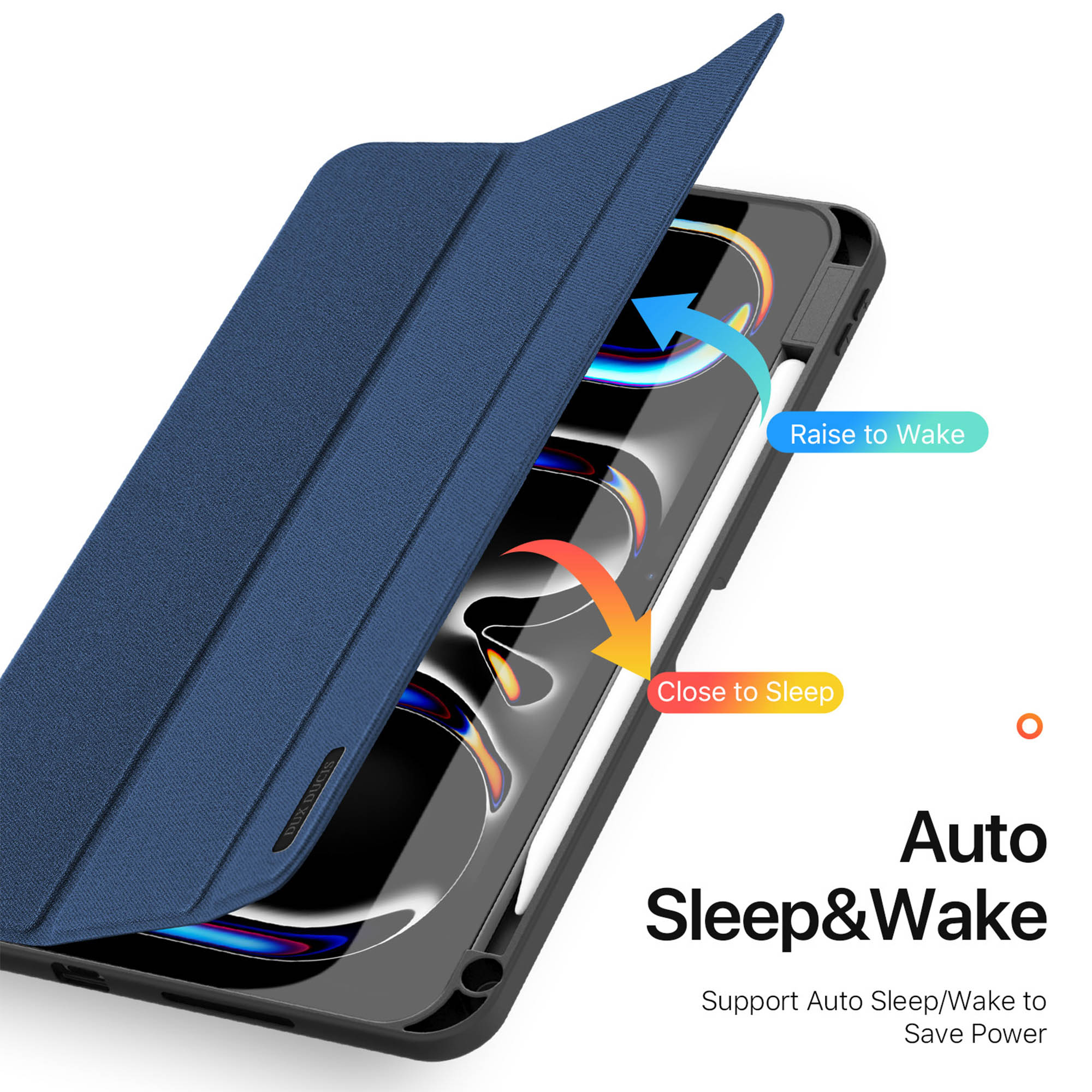 Blaue Tablet-Hülle mit automatischer Schlaf- und Aufwachfunktion, die beim Öffnen und Schließen aktiviert wird.