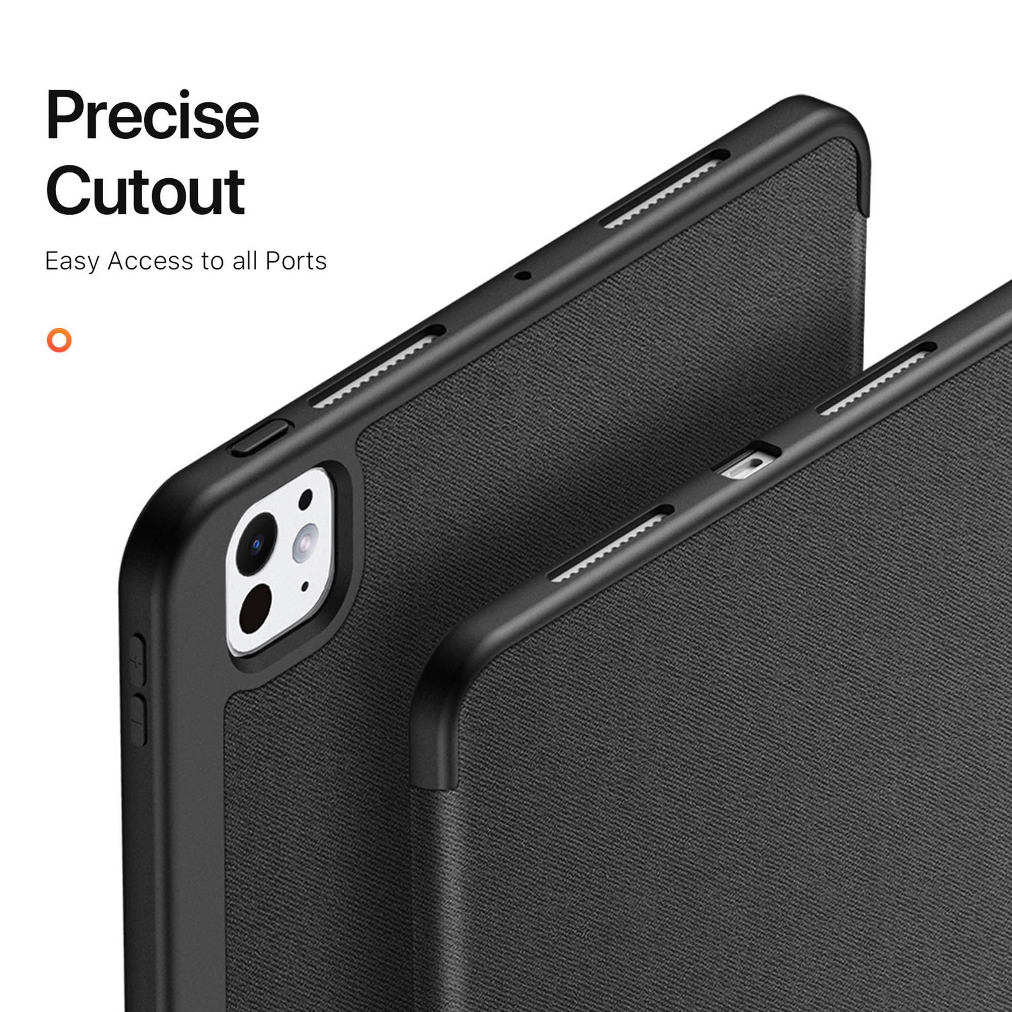 Custodie per tablet nere con ritagli precisi e testo.