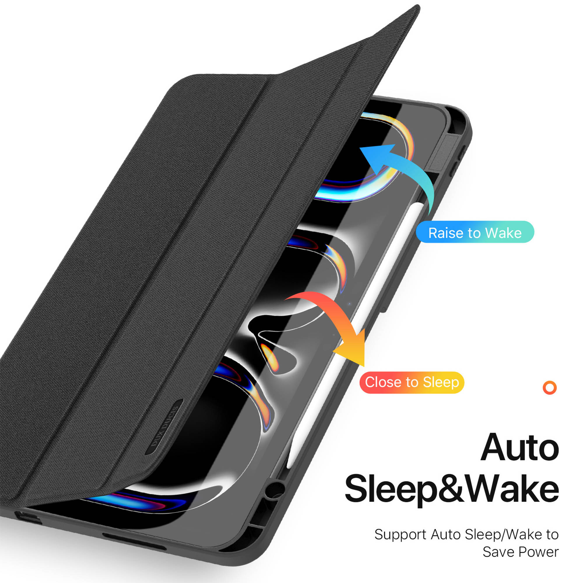 Custodia nera per tablet con funzione di sospensione e riattivazione auto.