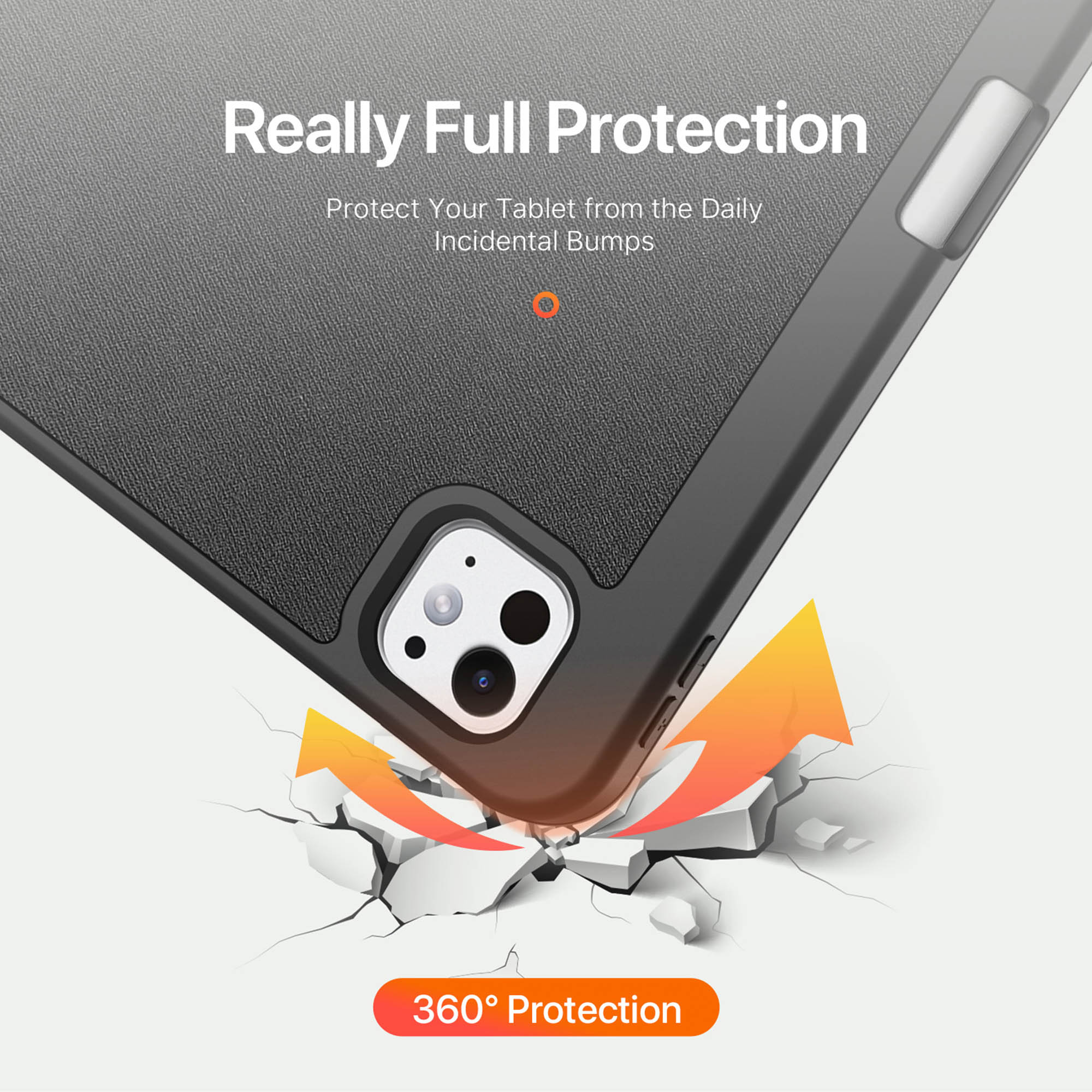 Un tablet in custodia protettiva resiste agli urti su suolo screpolato.