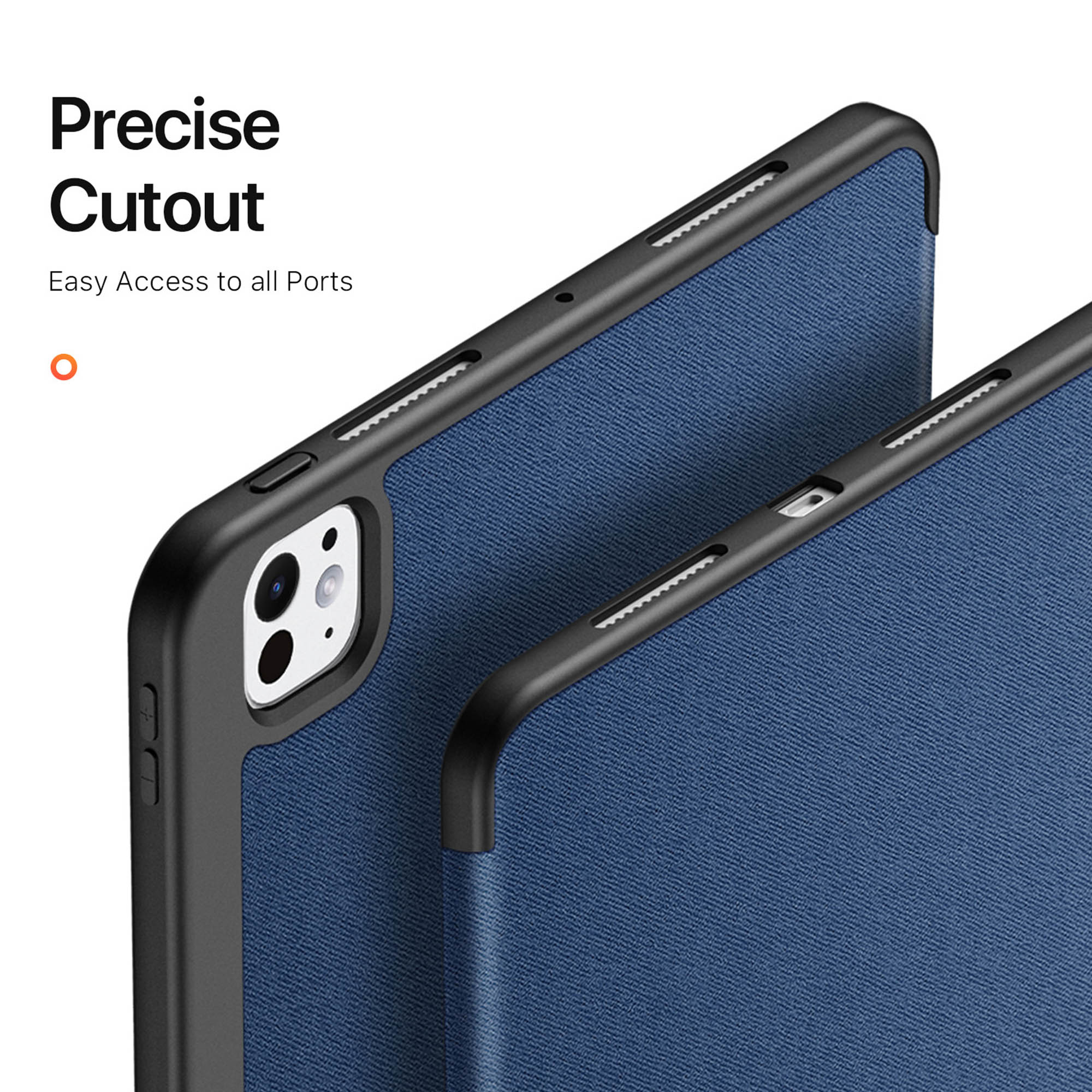 Custodie per tablet blu con bordo nero e ritagli precisi per porte e fotocamere.