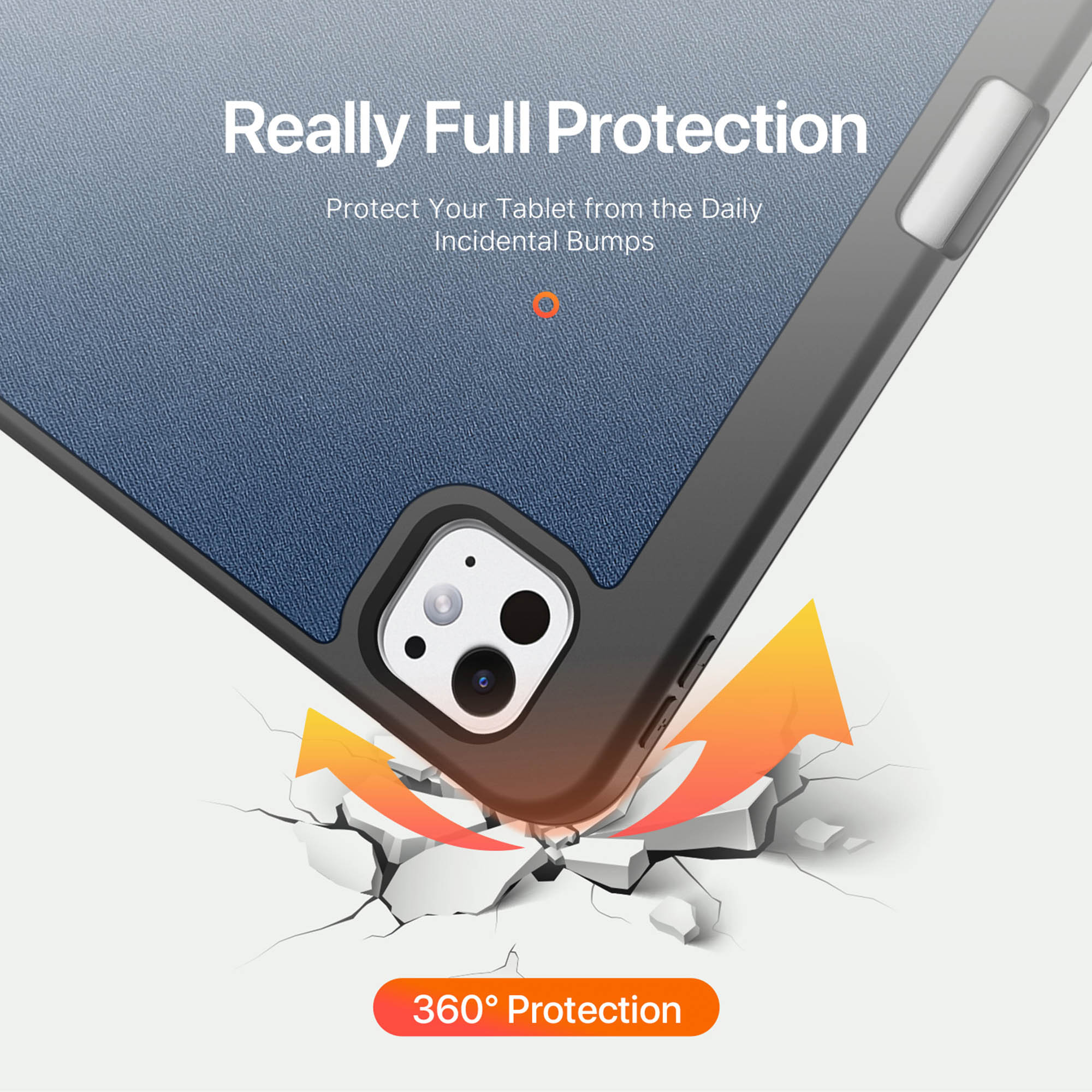 Custodia per tablet con protezione 360 su terreno incrinato con frecce arancioni di assorbimento urti.