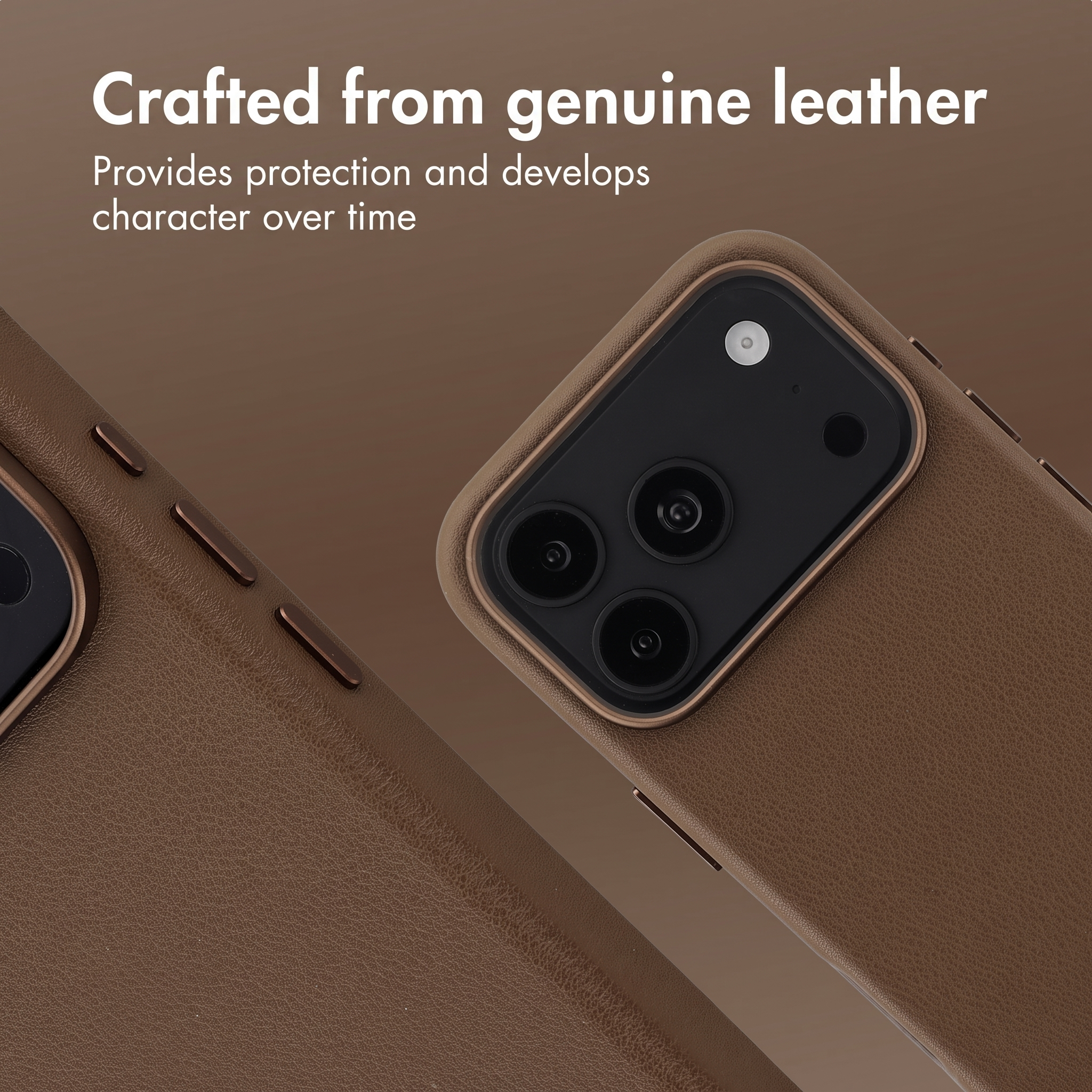 Custodia per telefono in pelle marrone con modulo fotocamera e testo su sfondo marrone.
