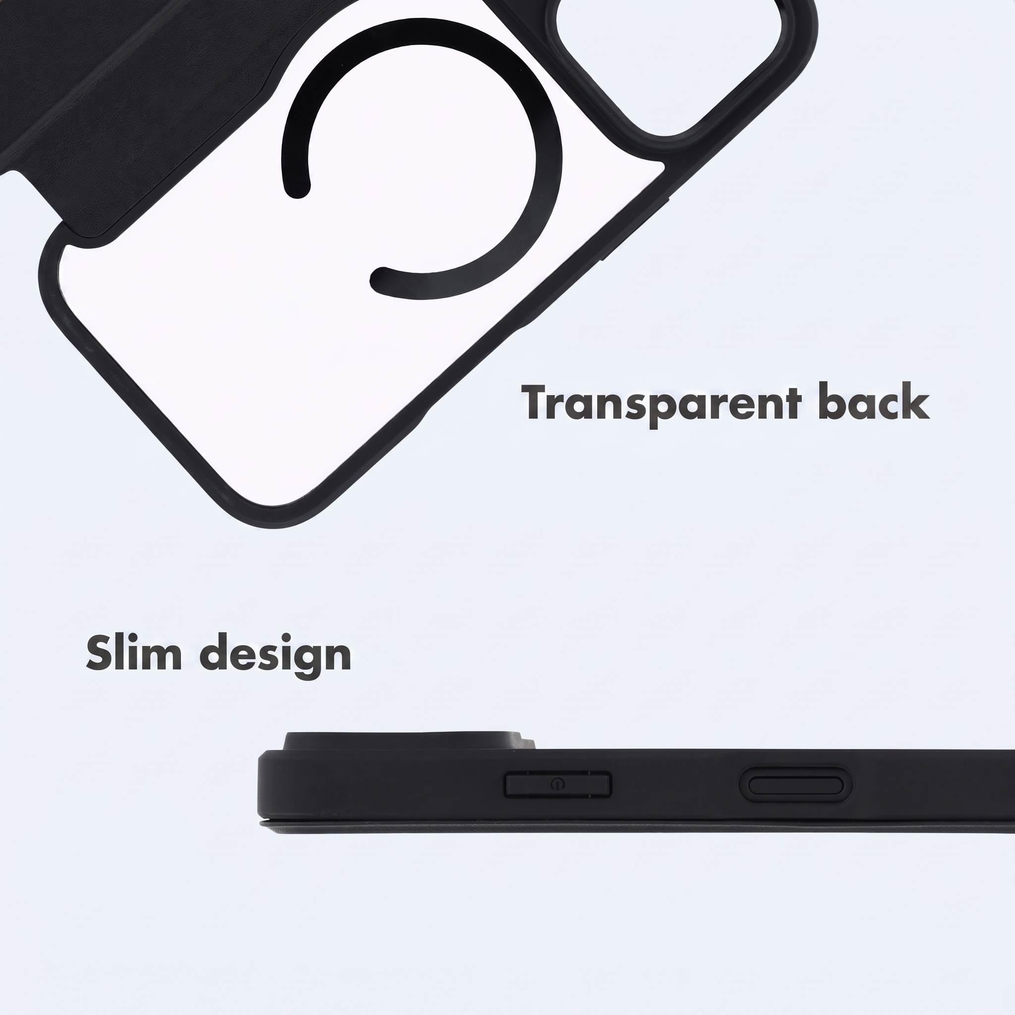 Custodia per telefono nera con retro trasparente e design sottile.