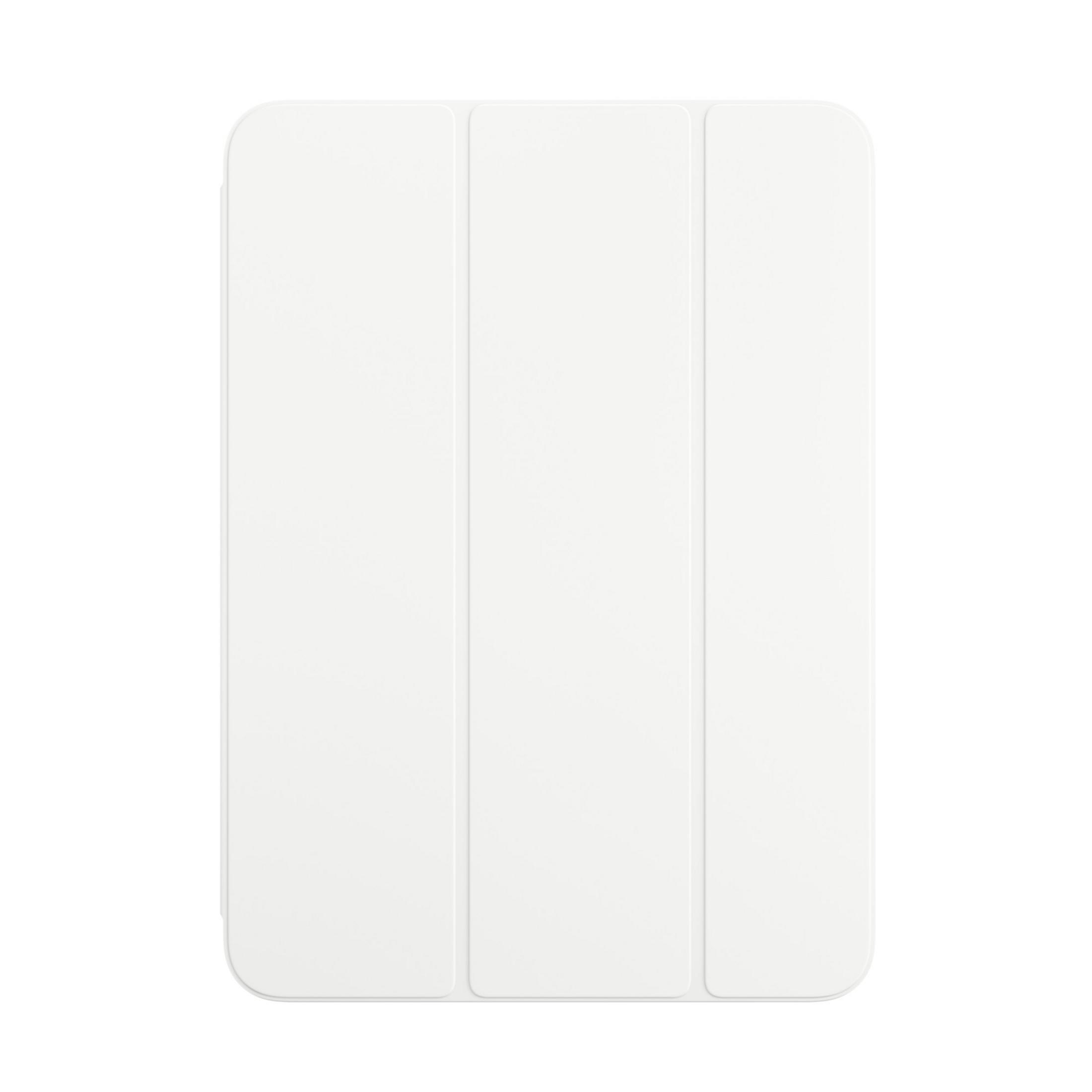 Una custodia bianca per tablet è posizionata verticalmente su sfondo bianco, con tre pannelli pieghevoli.