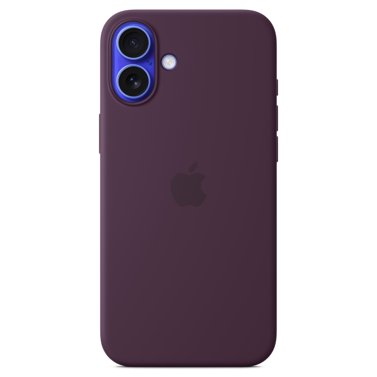 Ciemnofioletowy tył smartfona z podwójnym aparatem i logo Apple pośrodku.