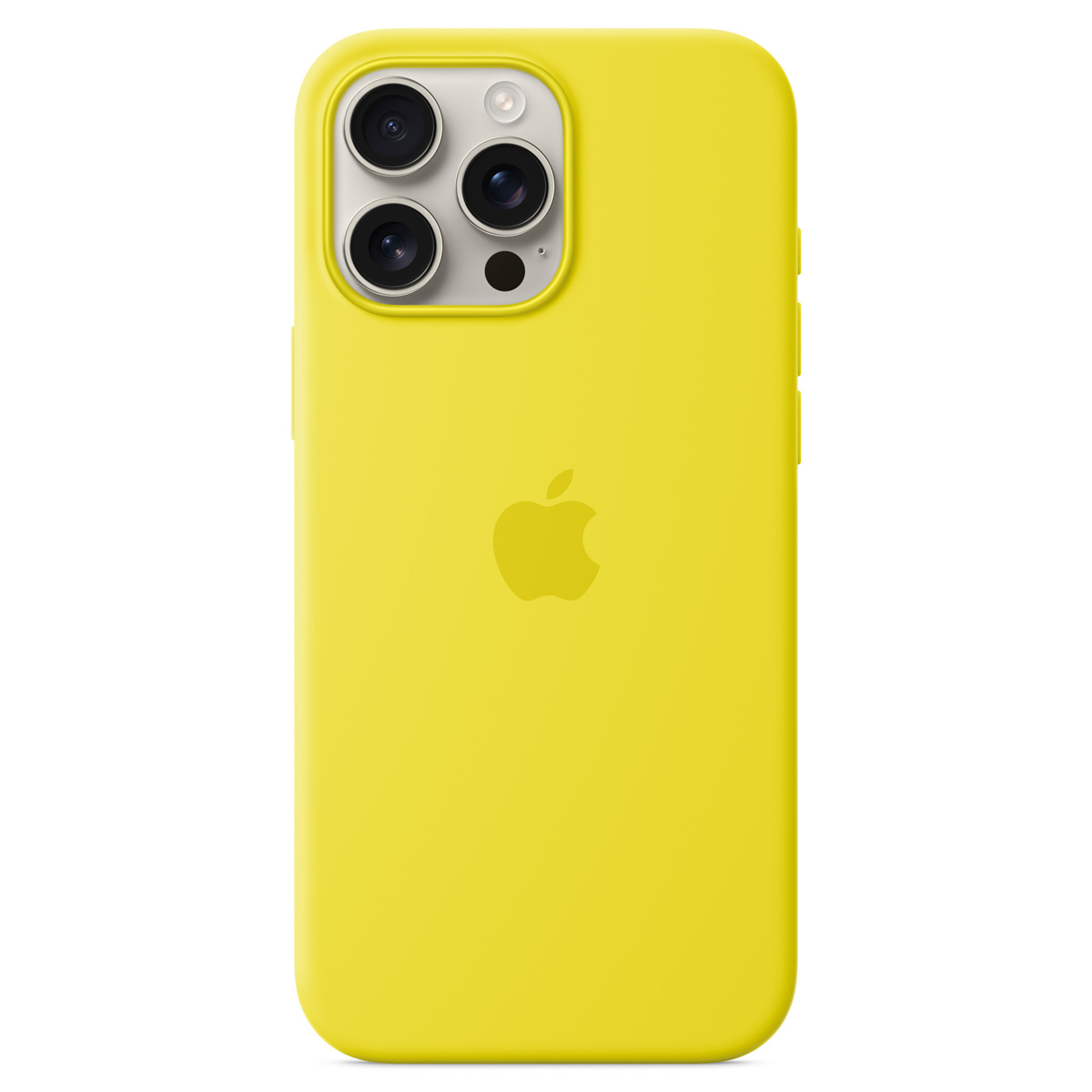 Uno smartphone in una custodia protettiva giallo brillante su sfondo bianco, con tripla fotocamera e logo Apple.