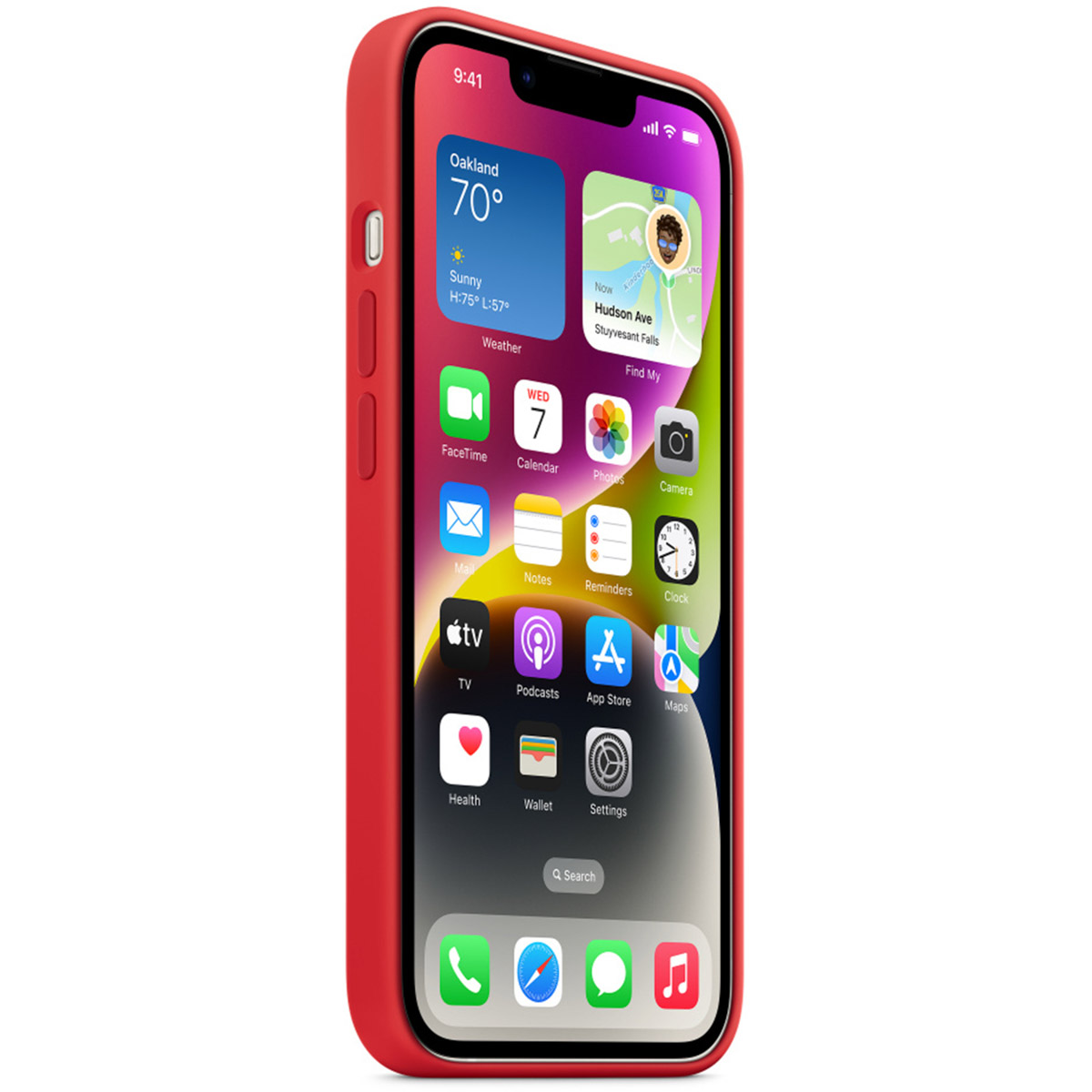 Czerwony iPhone z kolorowymi ikonami aplikacji na ekranie głównym.