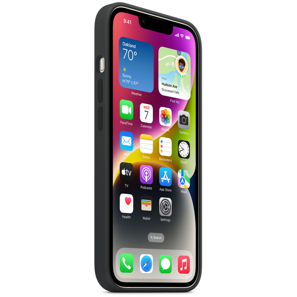Czarny smartfon w etui wyświetla kolorowy ekran główny z ikonami aplikacji i widżetem pogody.