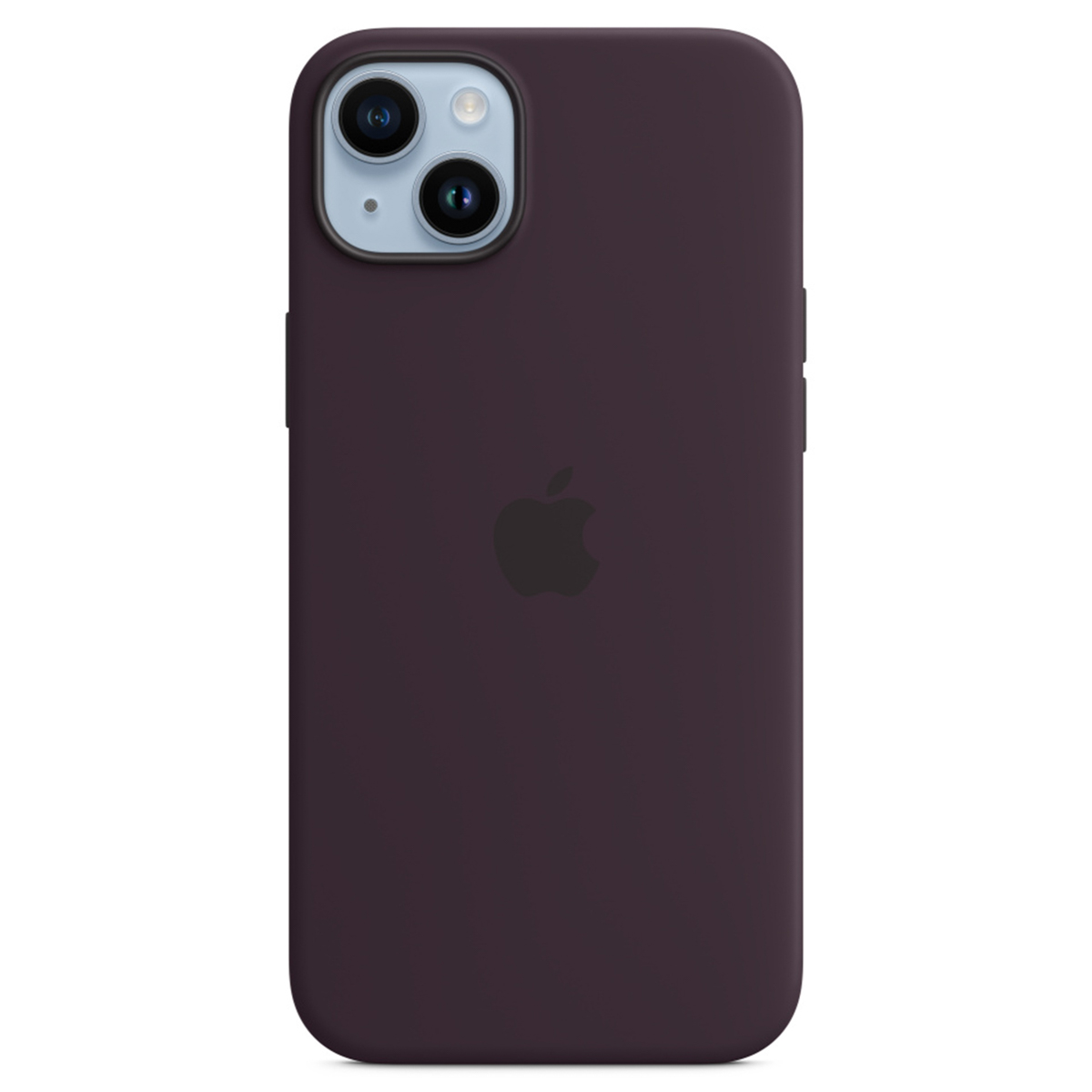 Custodia per iPhone viola scuro con logo Apple e doppia fotocamera.