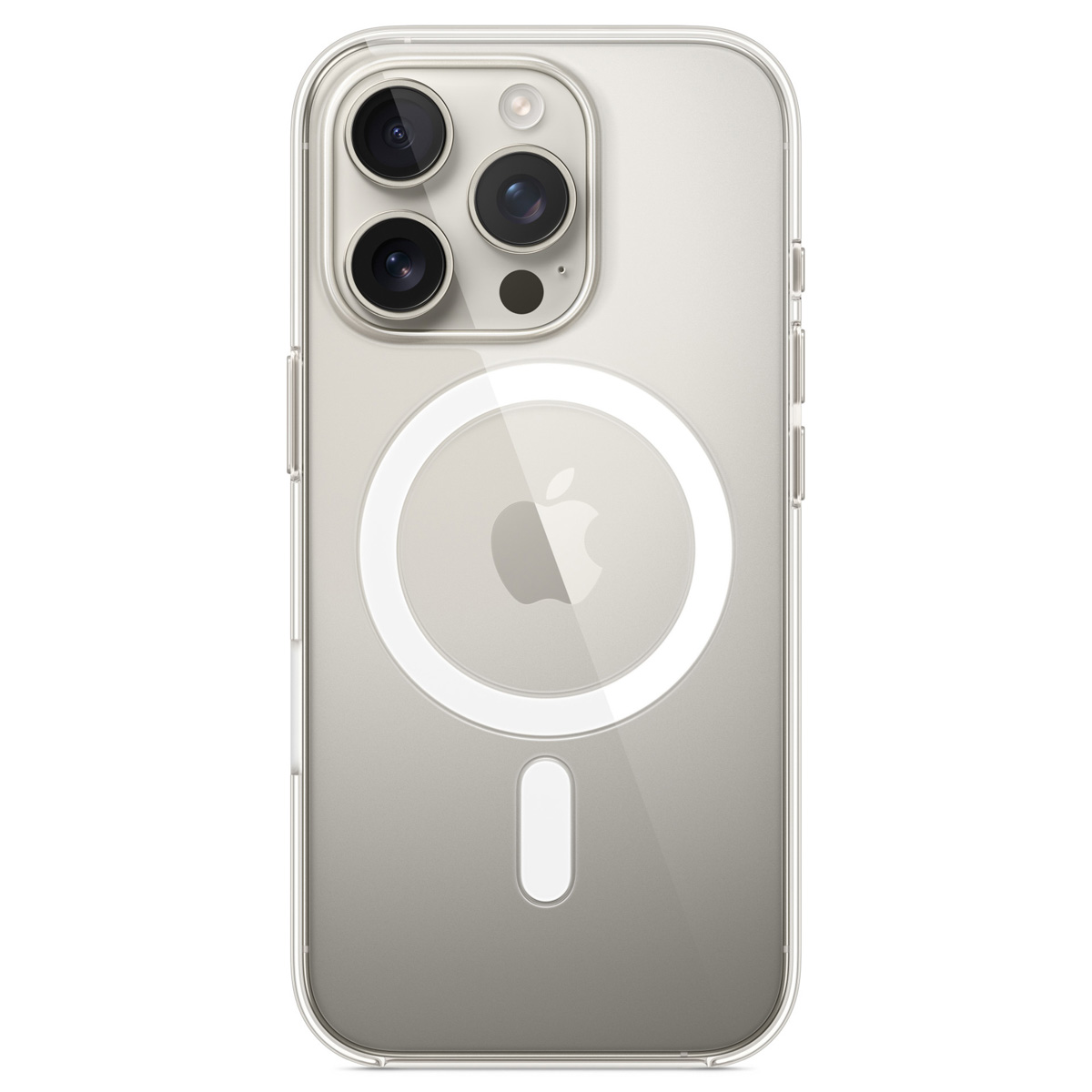 Retro di uno smartphone in una custodia trasparente con anello MagSafe e tripla fotocamera.