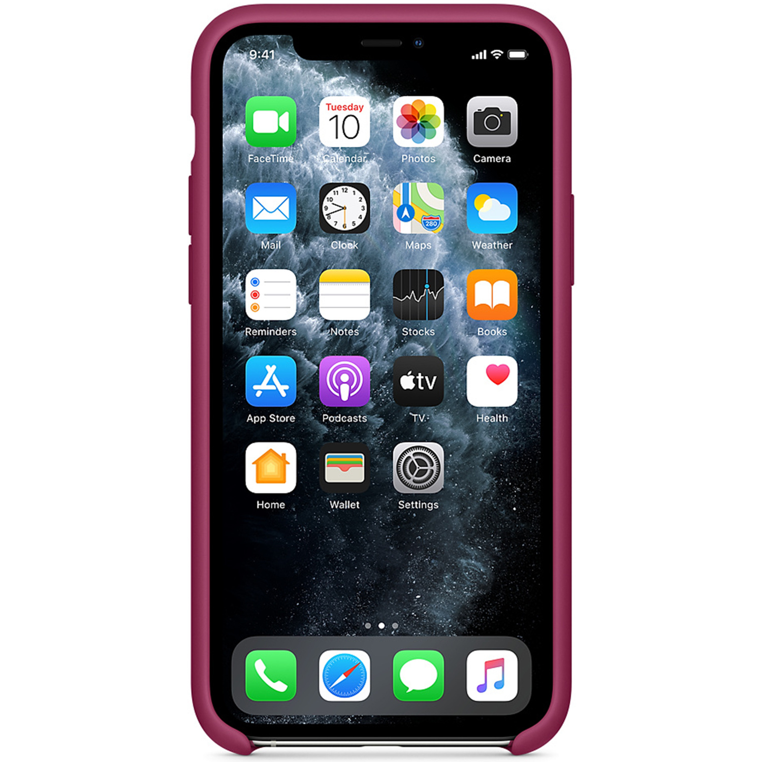 Smartfon w ciemnoróżowym etui z ekranem głównym z ikonami aplikacji na tle wody.