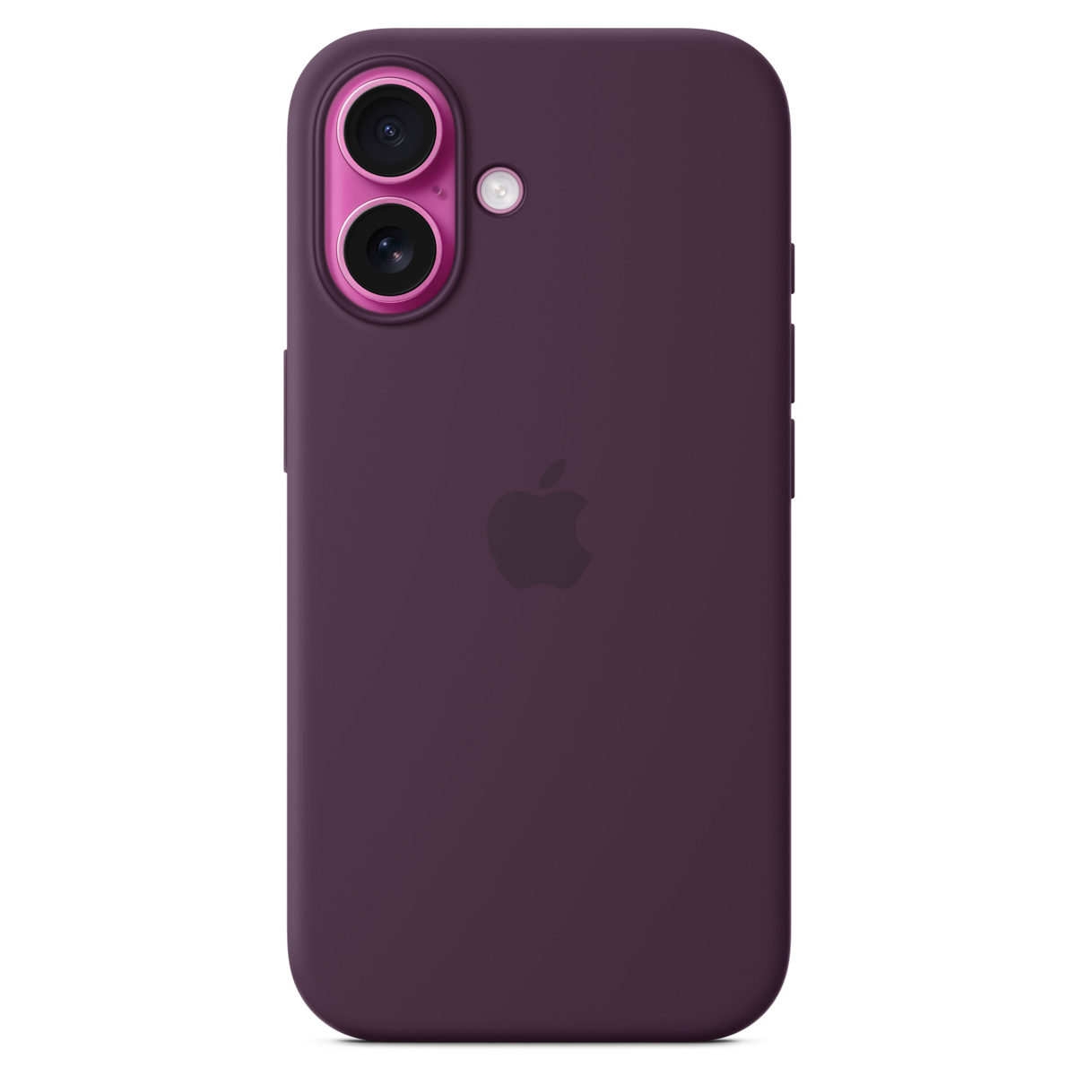 Custodia per iPhone viola scuro con doppia fotocamera e logo Apple.