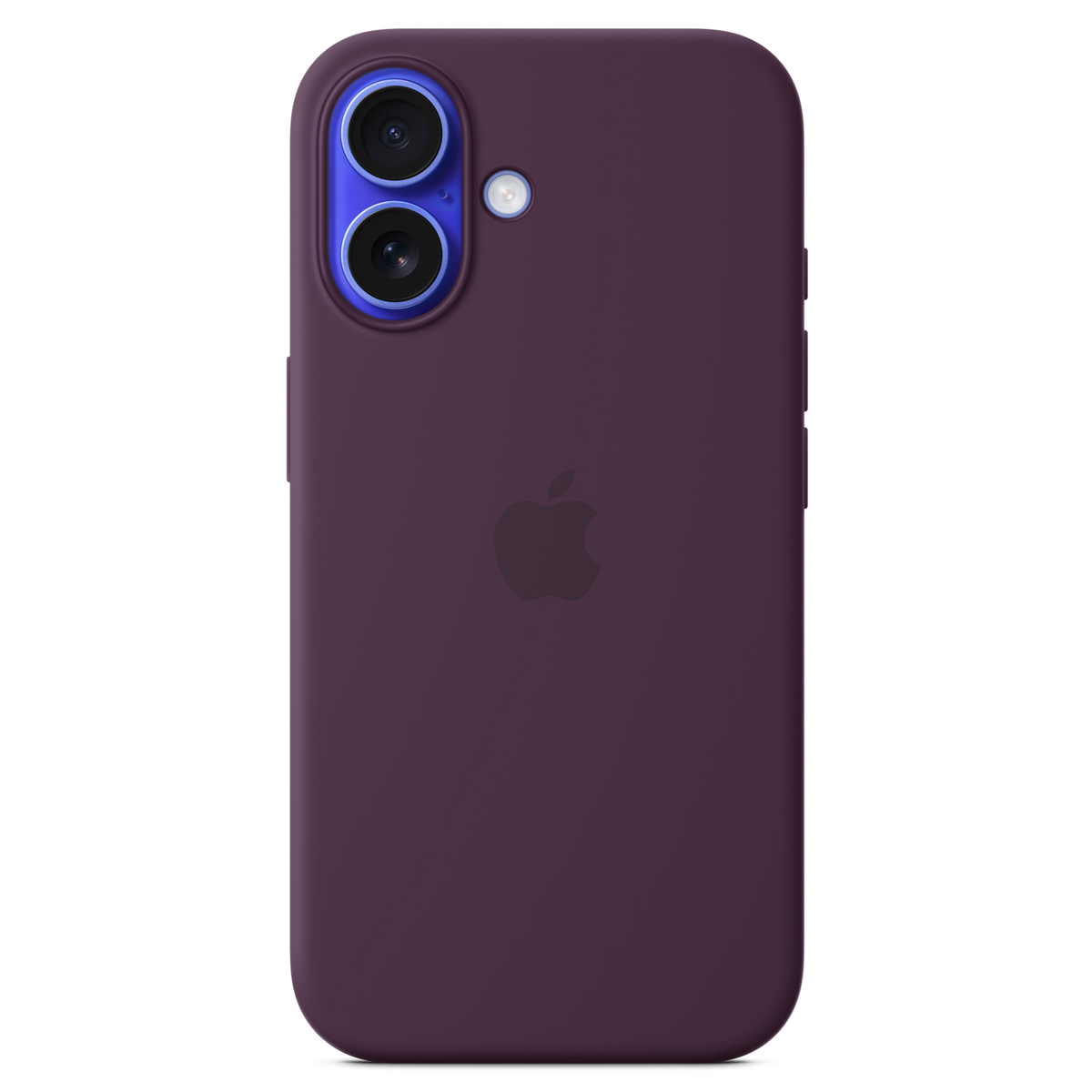 Custodia per iPhone viola scuro con due fotocamere verticali in alto a sinistra e il logo Apple al centro.