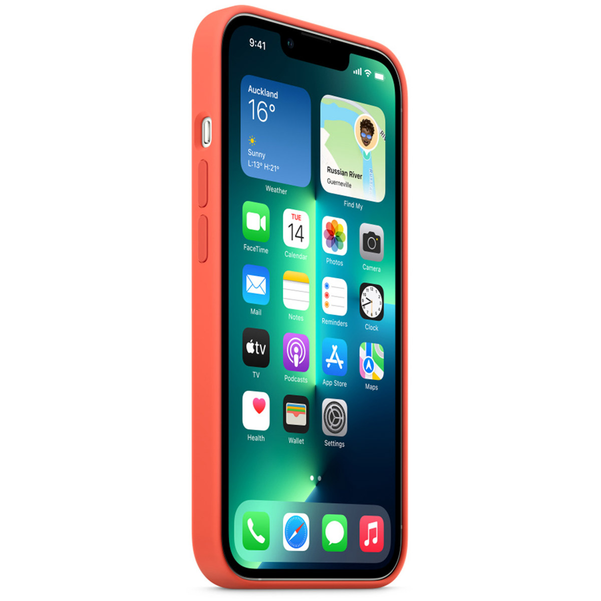 Smartfon w czerwonym etui wyświetla ikony aplikacji na ekranie głównym.