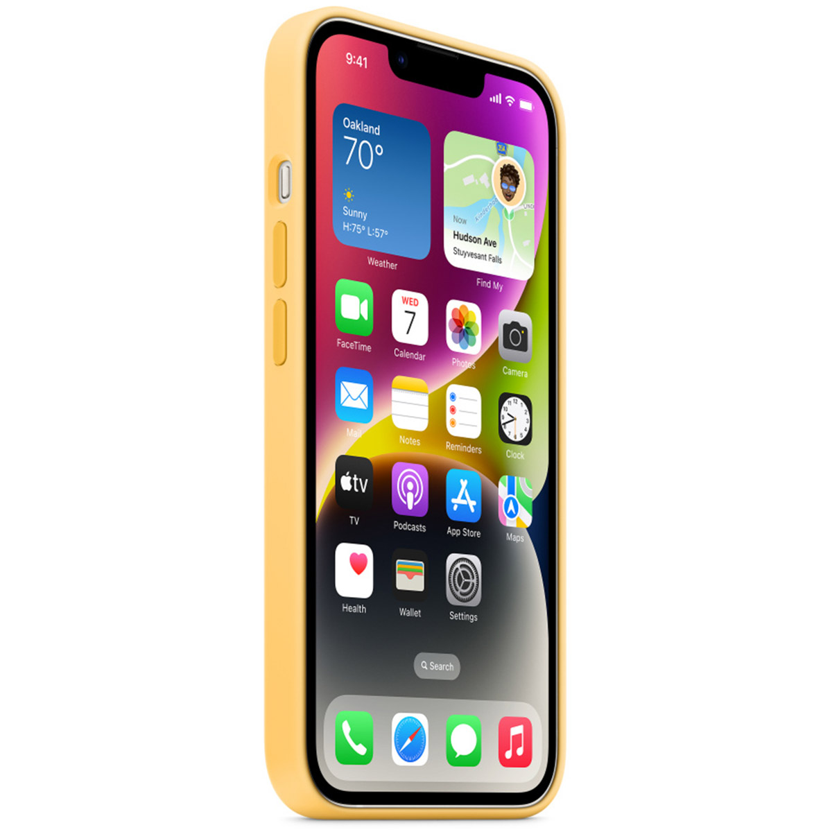 Smartfon w żółtym etui wyświetla różne ikony aplikacji i widżety na swoim kolorowym ekranie głównym.