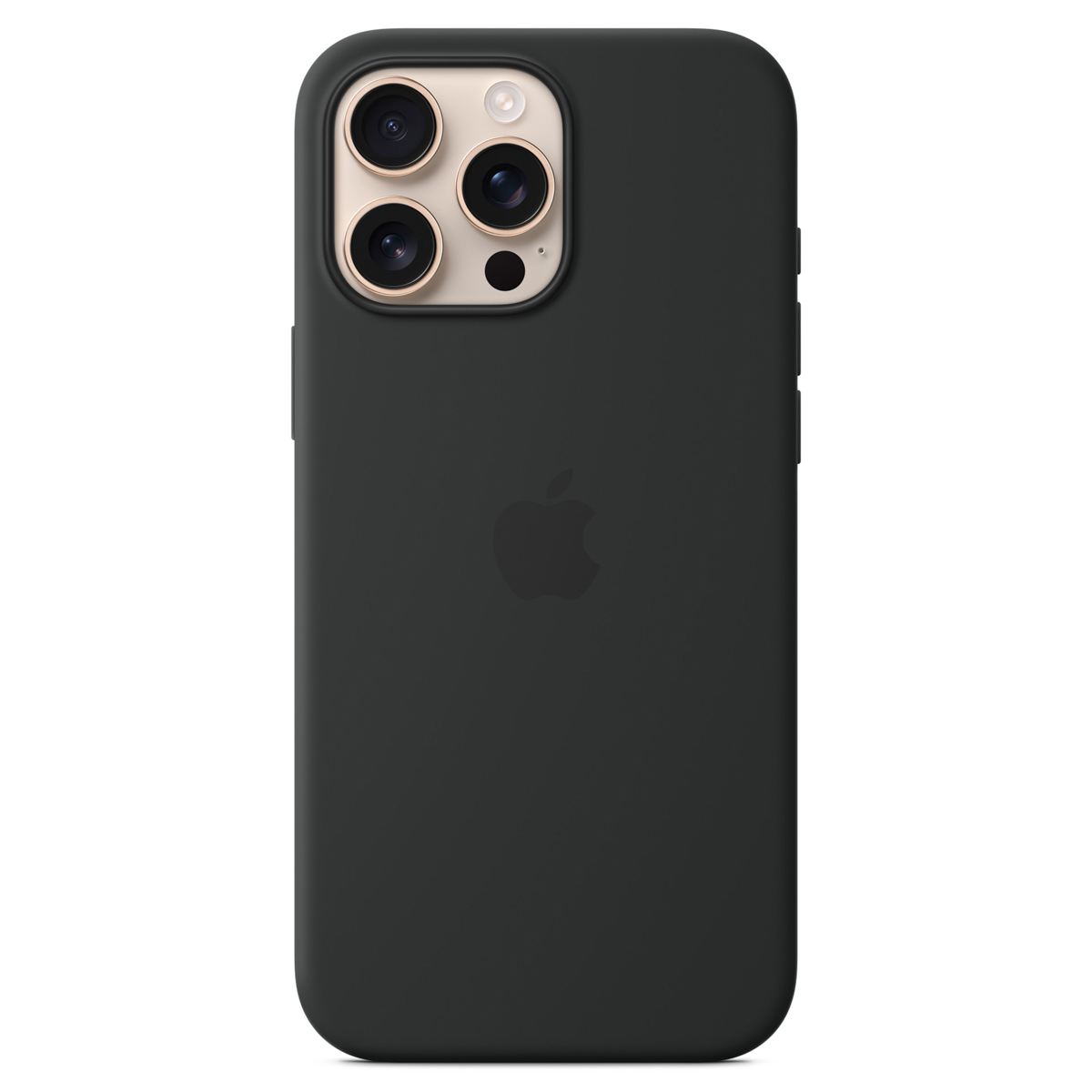Retro di un iPhone in una custodia in silicone nero con tripla fotocamera e logo Apple.