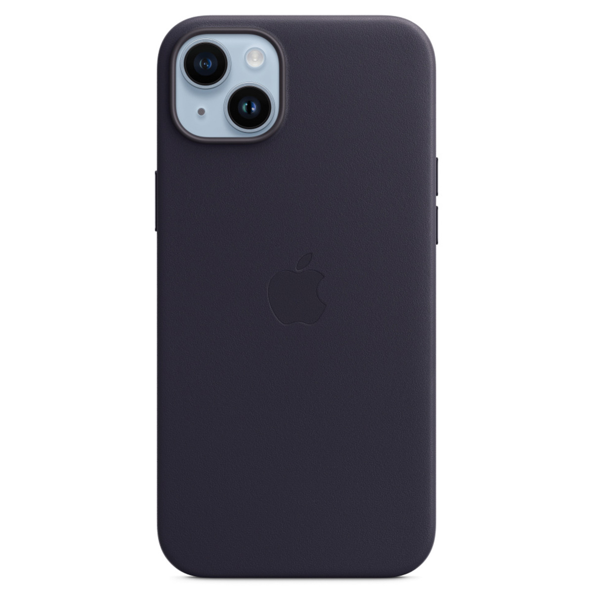 Custodia per iPhone viola scuro con logo Apple e ritaglio per fotocamera su sfondo bianco.
