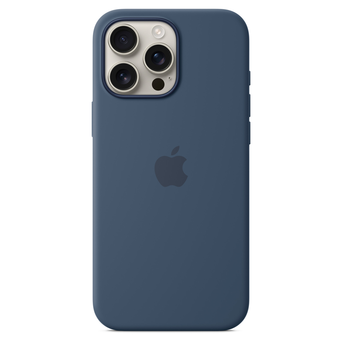 Niebieskie etui na iPhone'a z logo Apple i potrójnym aparatem.