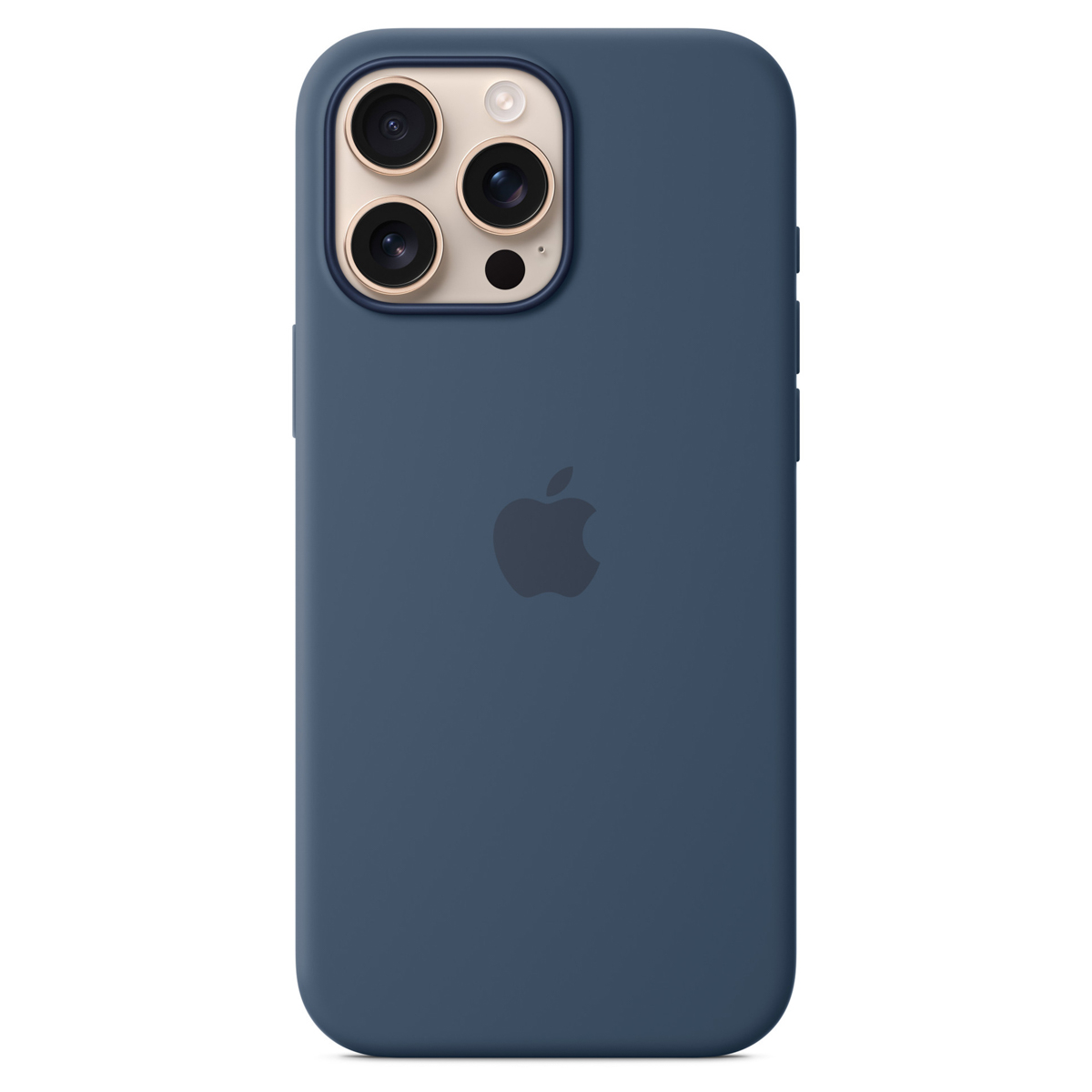 Niebieskie etui na iPhone'a z logo Apple i potrójnym aparatem.