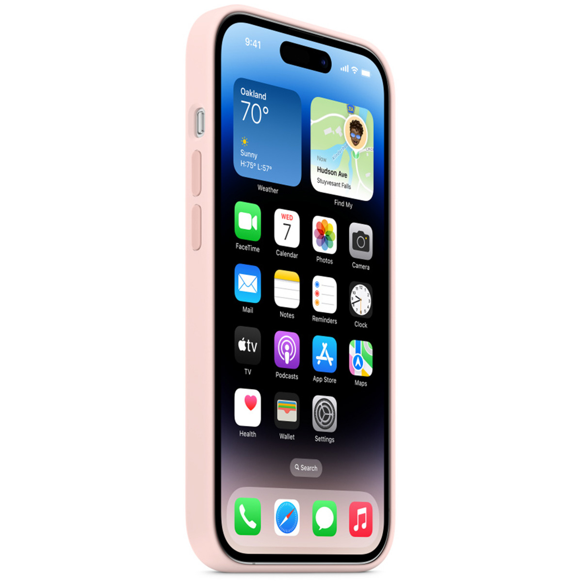 Smartfon w jasnoróżowym etui ochronnym wyświetla podświetlony ekran główny z kolorowymi ikonami aplikacji.