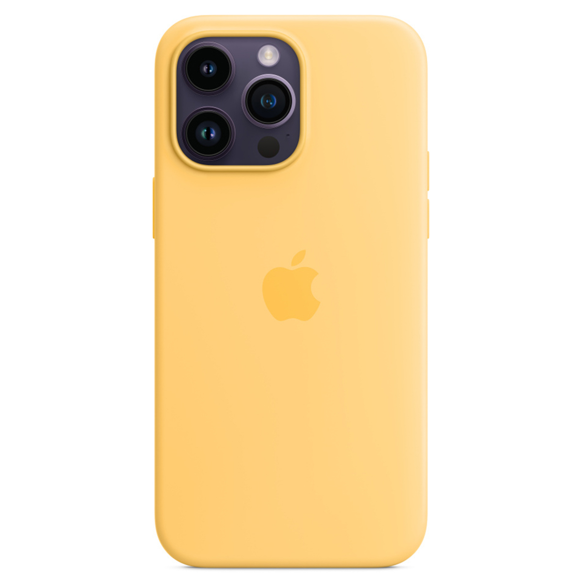 Żółty smartfon w etui, z trzema obiektywami i logo Apple z tyłu.