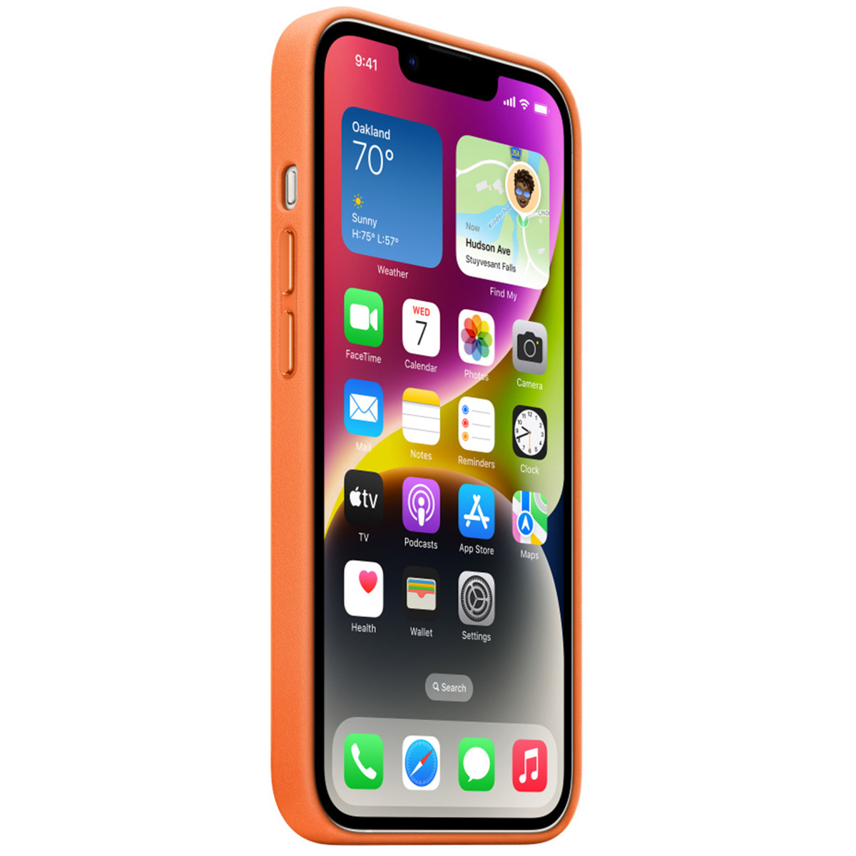 Uno smartphone arancione con una schermata iniziale colorata su sfondo bianco.