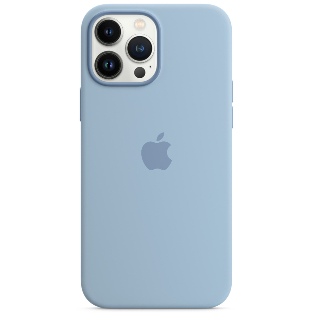 Jasnoniebieskie etui na iPhone'a z logo Apple i potrójnym aparatem.