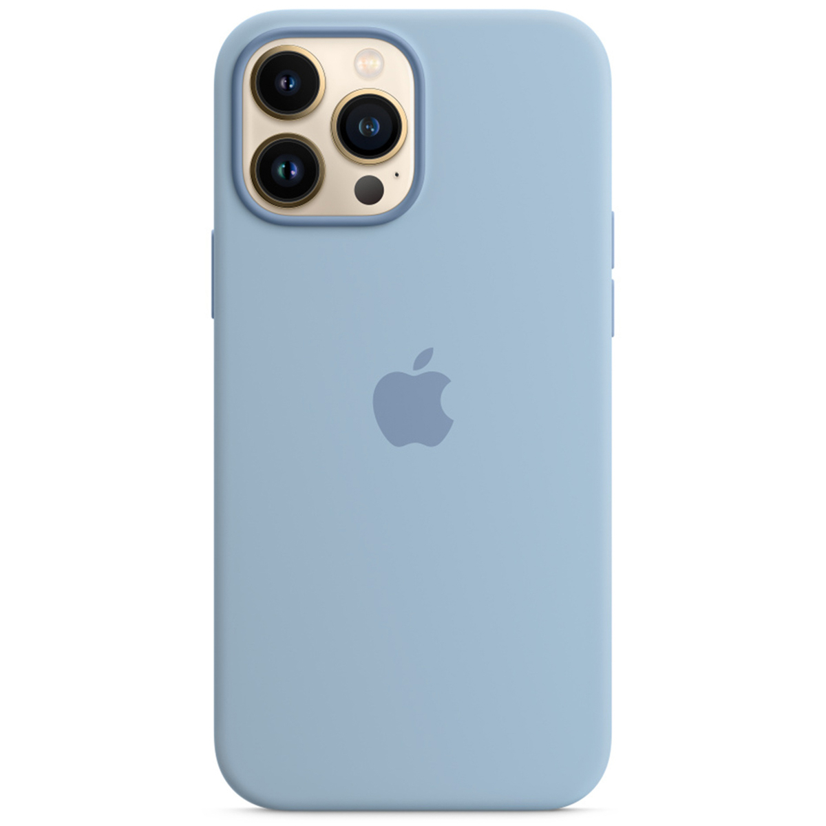 Jasnoniebieskie silikonowe etui na telefon iPhone z potrójnym aparatem i logo Apple.