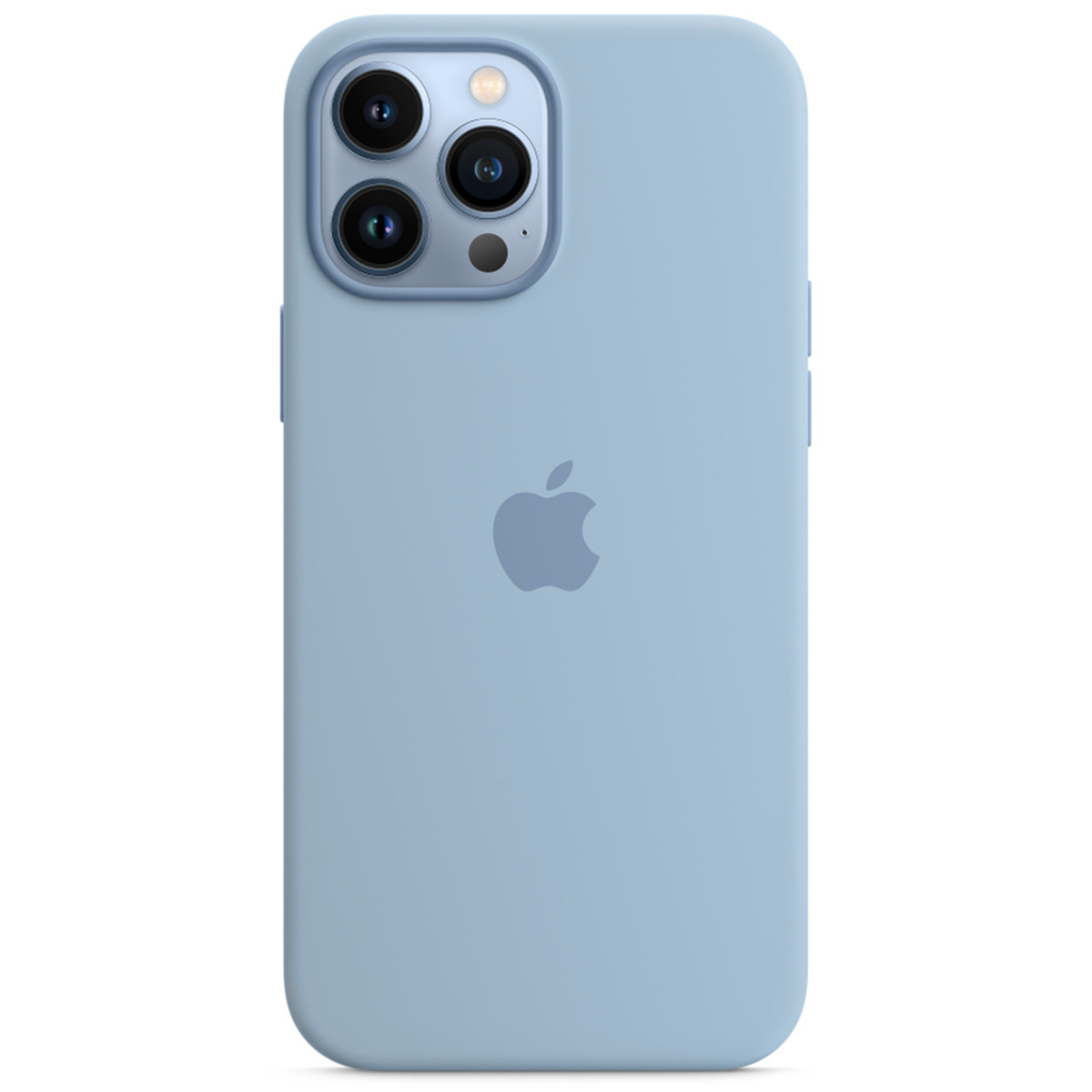 Jasnoniebieskie etui na iPhone'a na białym tle z logo Apple i potrójnym aparatem.
