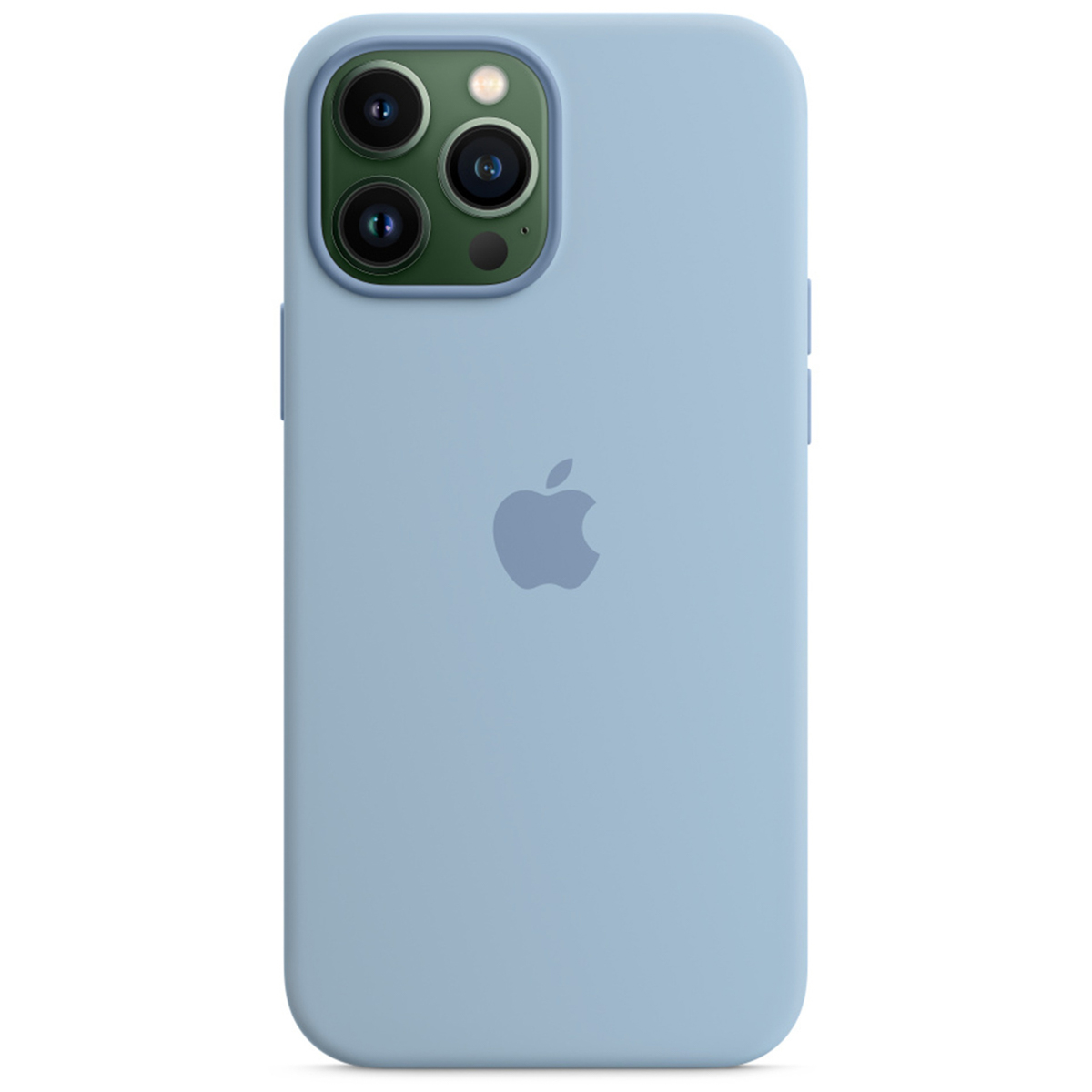 Niebieskie etui na iPhone'a z logo Apple i trzema aparatami na zielonym tyle.